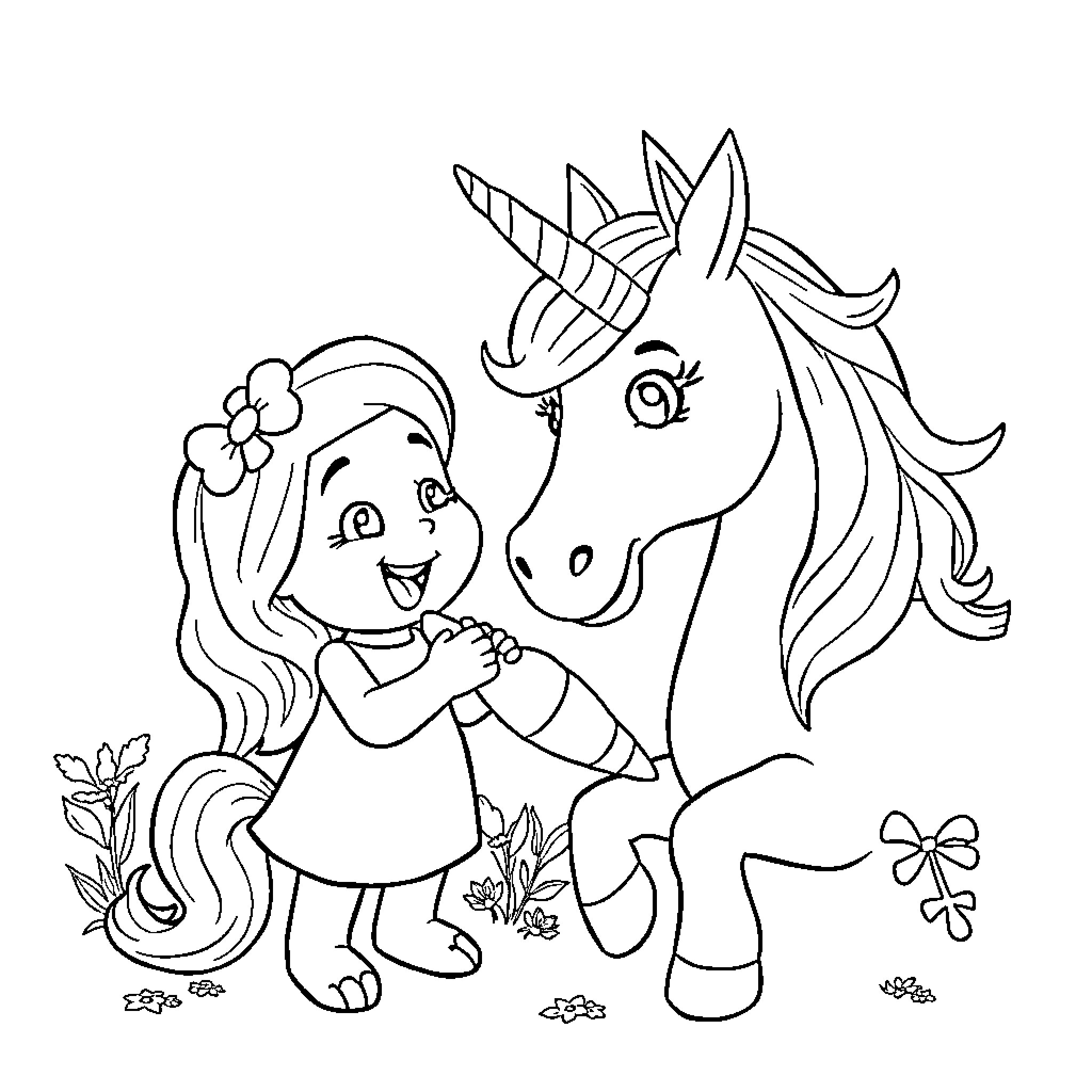 Unicorn and Girl Playing in the Meadow Coloring Page (free black-and-white line drawing printable PDF for all, from beginners to advanced learners, including children, teens, adults, and seniors)