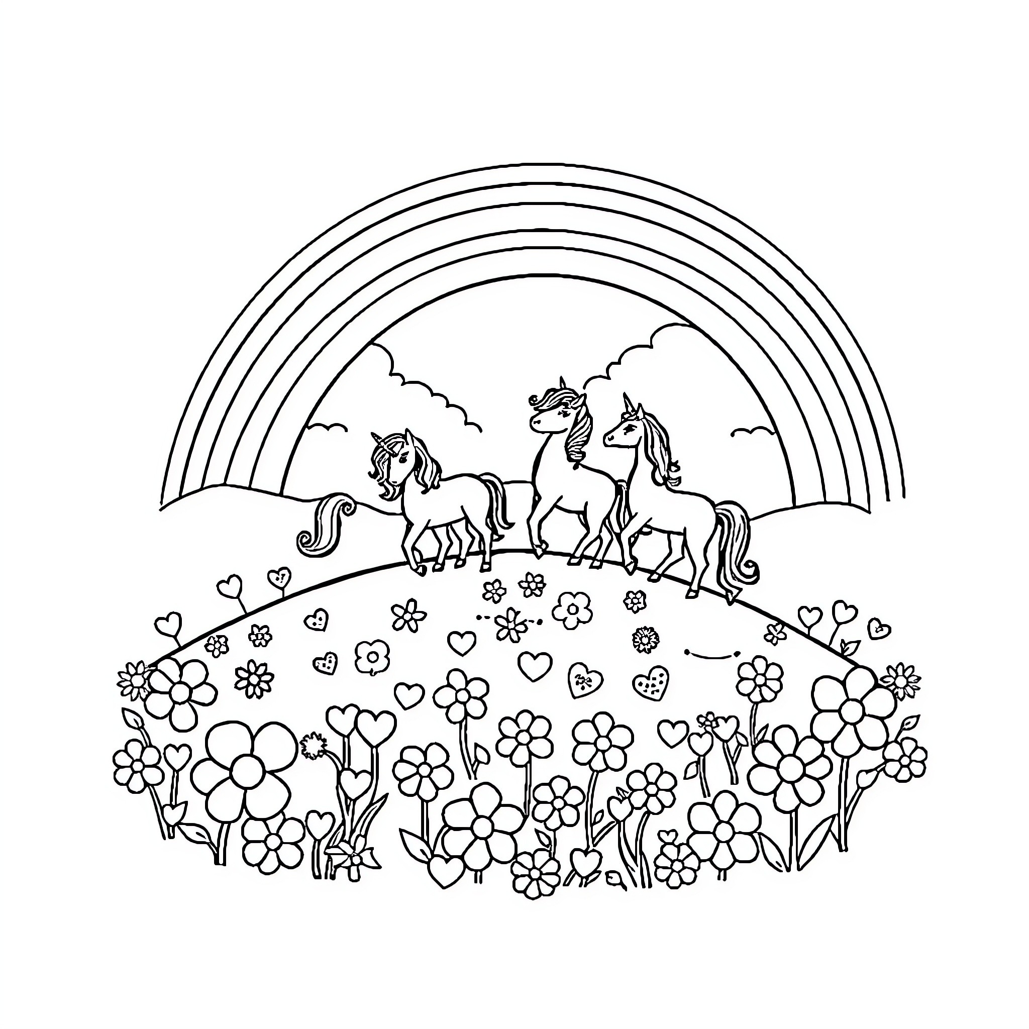 Unicorn family frolicking in a flowery meadow Coloring Page (free black-and-white line drawing printable PDF for all, from beginners to advanced learners, including children, teens, adults, and seniors)