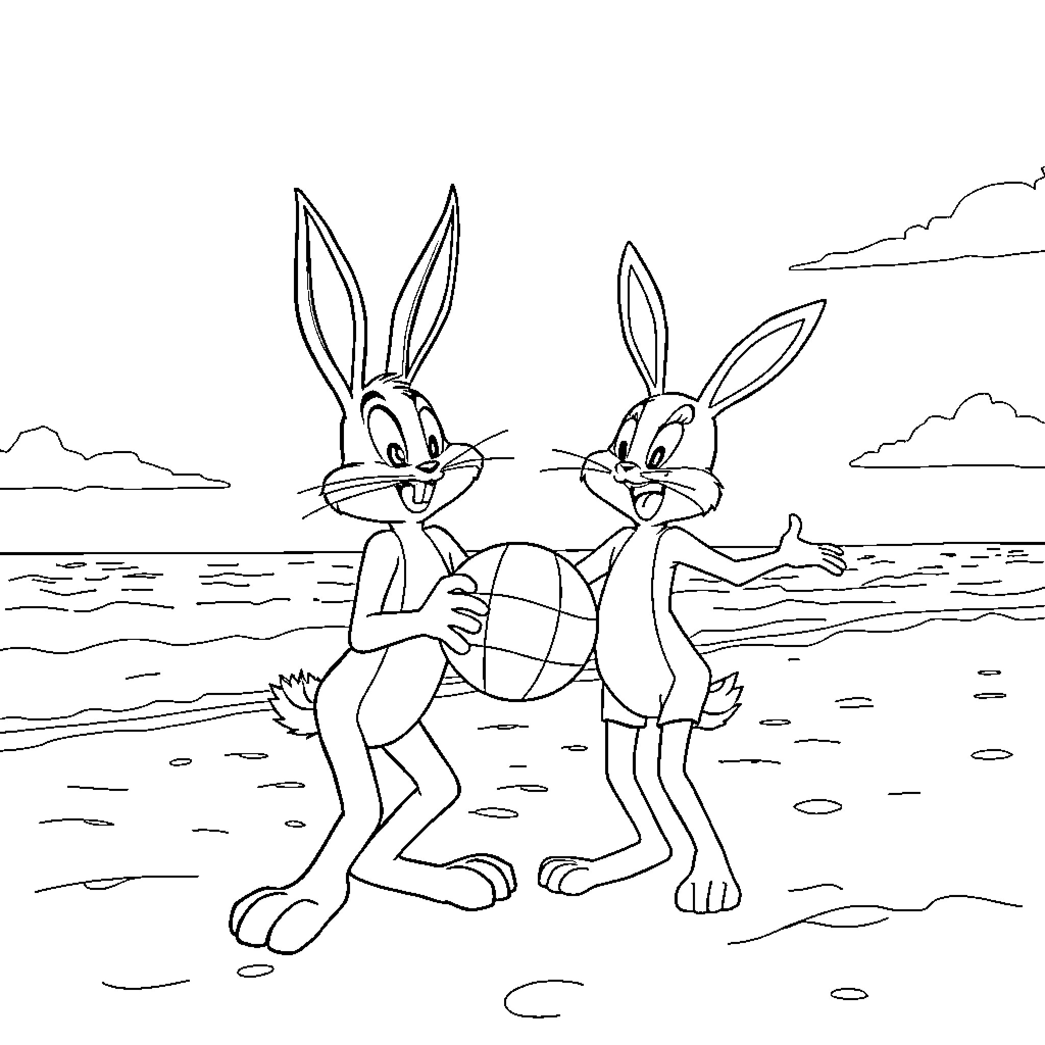 Bunnies playing with a ball on the beach Coloring Page (free black-and-white line drawing printable PDF for all, from beginners to advanced learners, including children, teens, adults, and seniors)