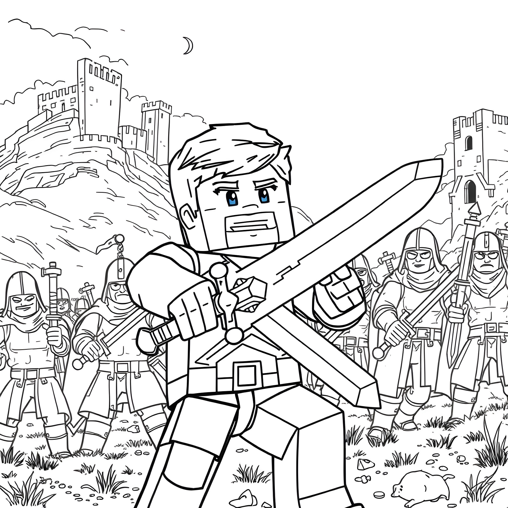 Steve the Brave Warrior Facing Challenges in the Castle Ruins Coloring Page (free black-and-white line drawing printable PDF for all, from beginners to advanced learners, including children, teens, adults, and seniors)