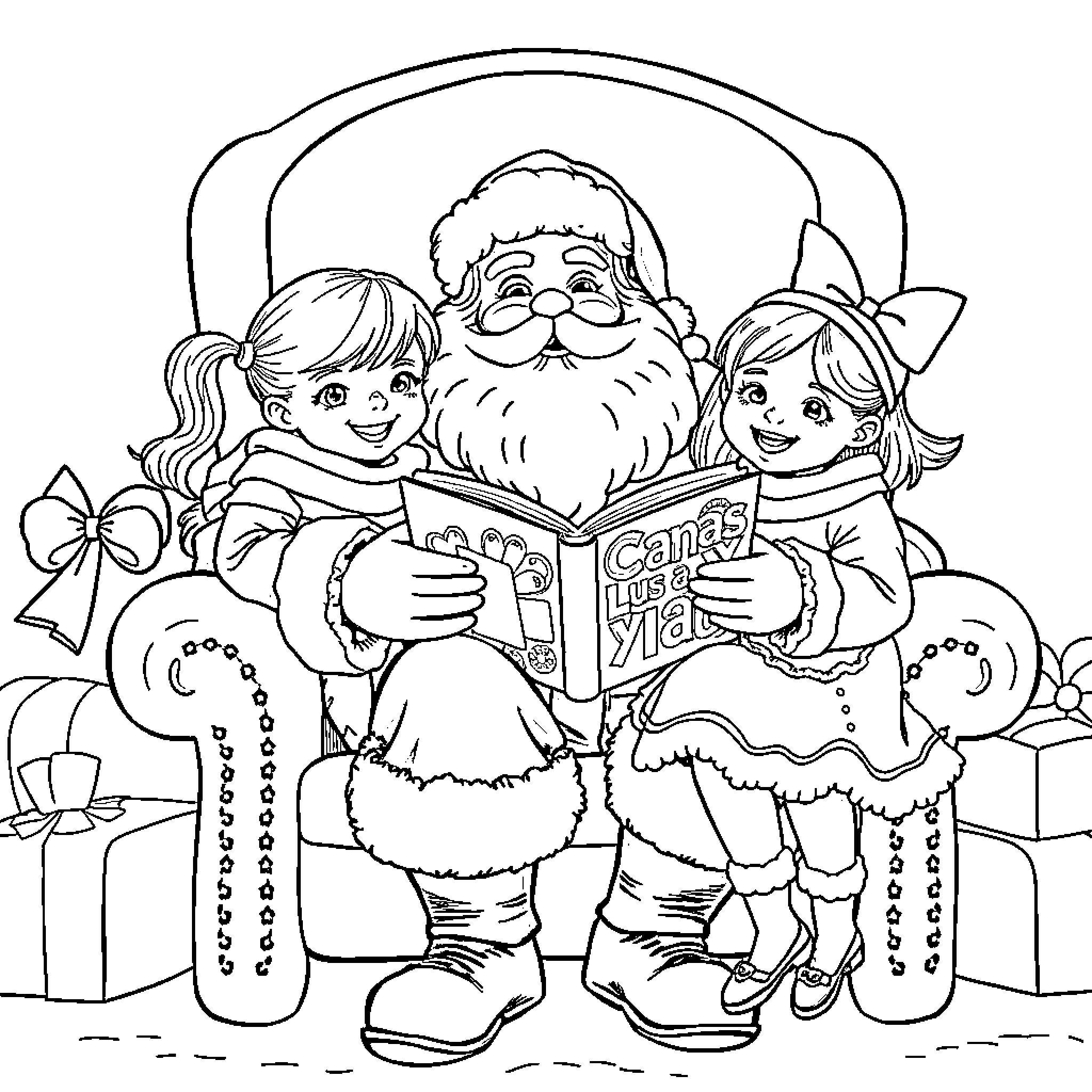 Santa reading a book with children Coloring Page (free black-and-white line drawing printable PDF for all, from beginners to advanced learners, including children, teens, adults, and seniors)