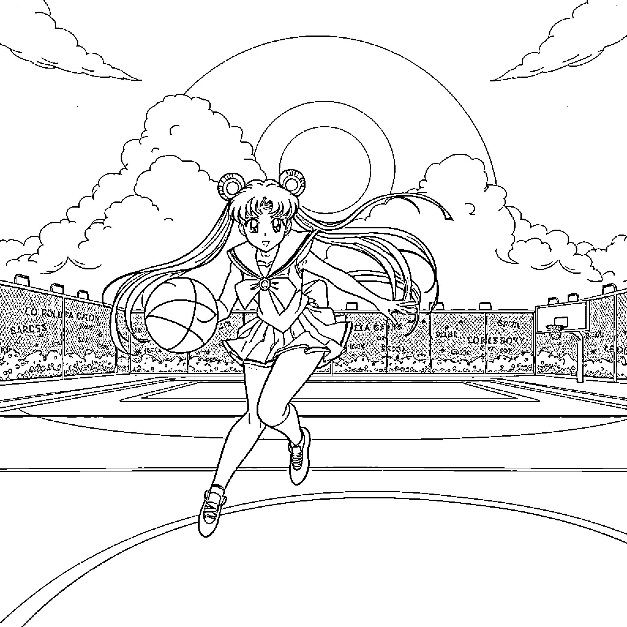 Sailor Moon in action on the basketball court Coloring Page (free black-and-white line drawing printable PDF for all, from beginners to advanced learners, including children, teens, adults, and seniors)