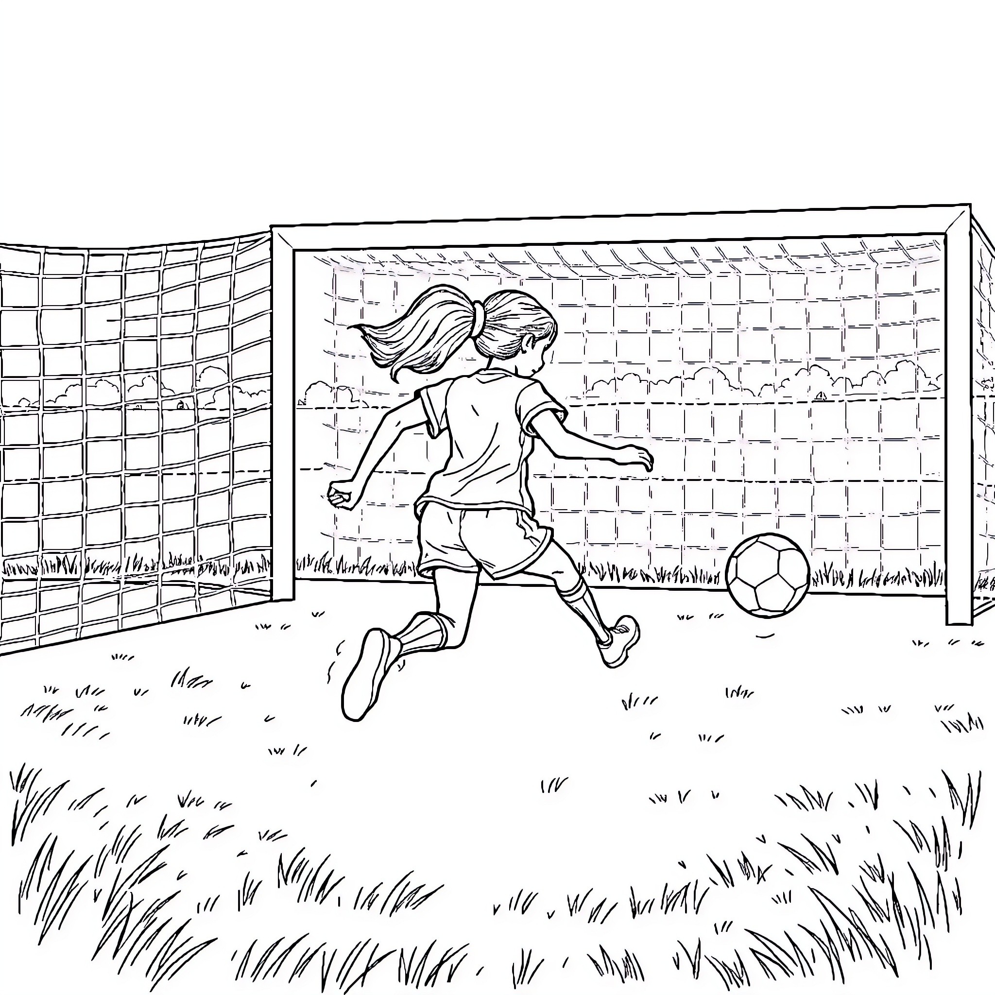 Girl playing soccer on a field Coloring Page (free black-and-white line drawing printable PDF for all, from beginners to advanced learners, including children, teens, adults, and seniors)