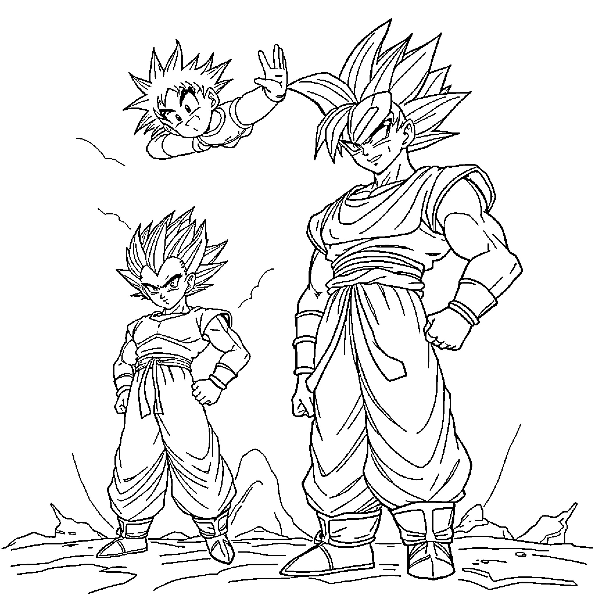 Dragon Ball Z Heroes Battle Poses Coloring Page (free black-and-white line drawing printable PDF for all, from beginners to advanced learners, including children, teens, adults, and seniors)