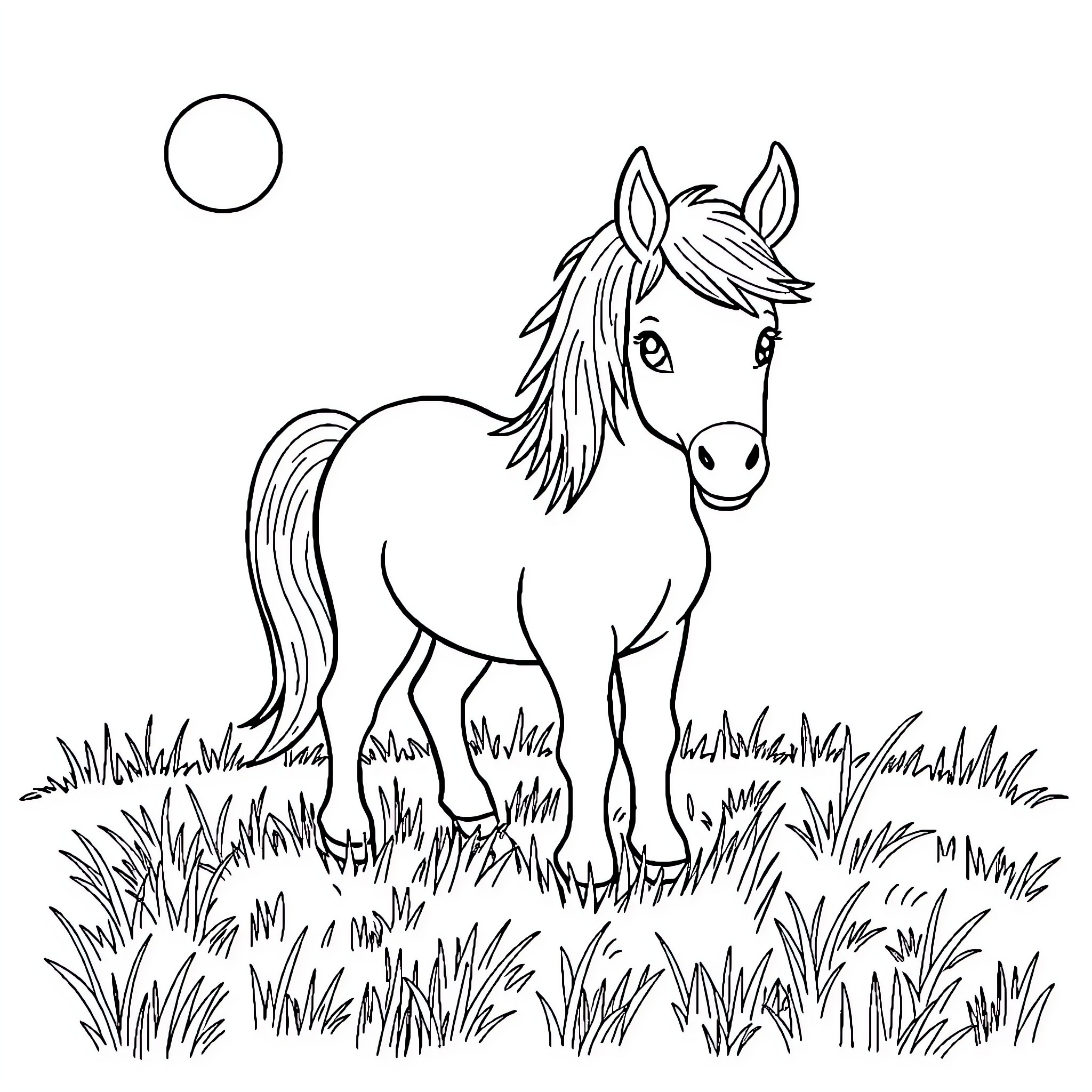 Pony standing proudly in the grassy field Coloring Page (free black-and-white line drawing printable PDF for all, from beginners to advanced learners, including children, teens, adults, and seniors)