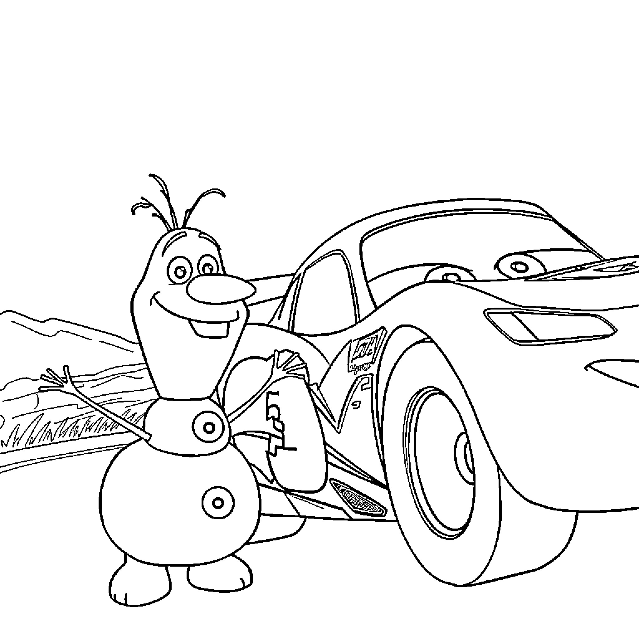 Olaf helping Cars characters on the road Coloring Page (free black-and-white line drawing printable PDF for all, from beginners to advanced learners, including children, teens, adults, and seniors)