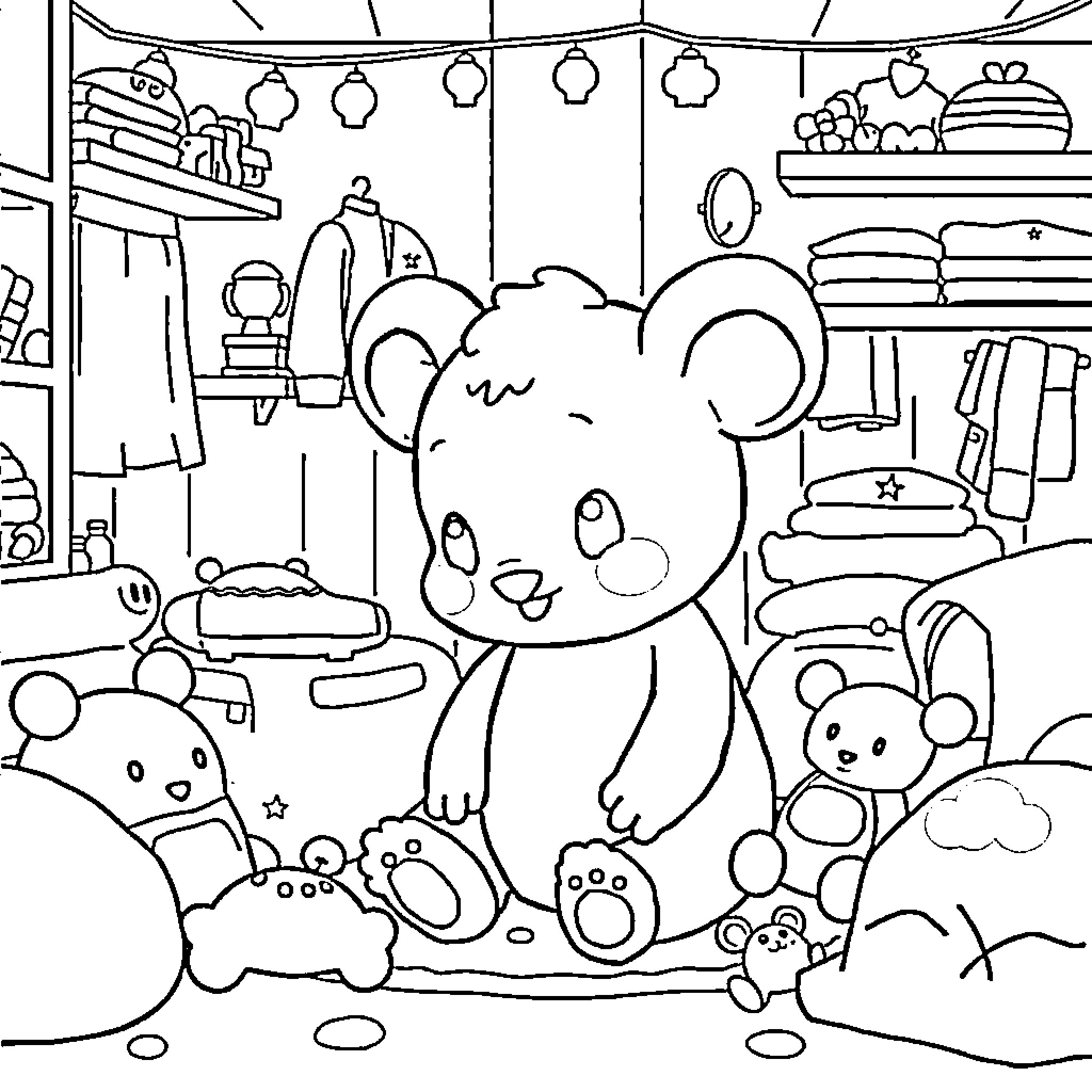 Labubu's Cozy Toyshop Adventure Coloring Page (free black-and-white line drawing printable PDF for all, from beginners to advanced learners, including children, teens, adults, and seniors)