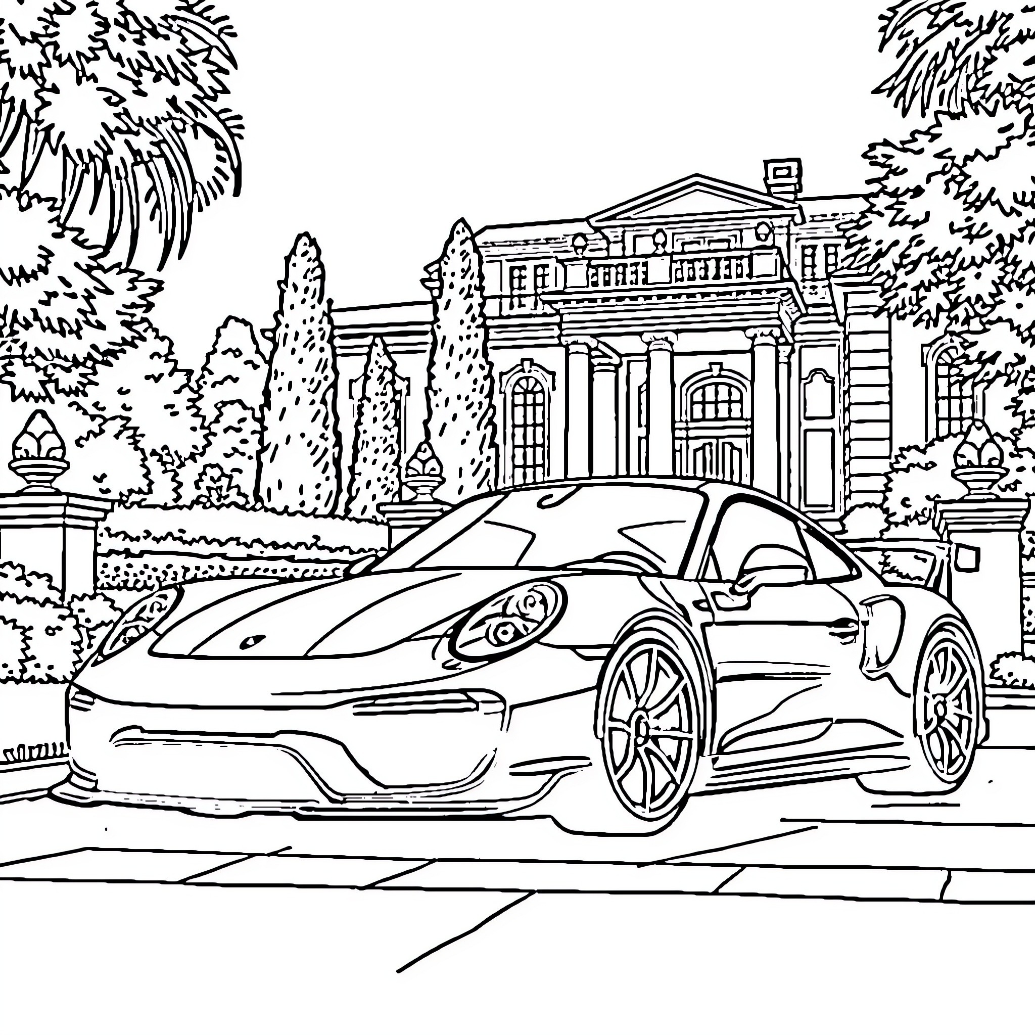 Porsche sports car parked in front of grand mansion Coloring Page (free black-and-white line drawing printable PDF for all, from beginners to advanced learners, including children, teens, adults, and seniors)