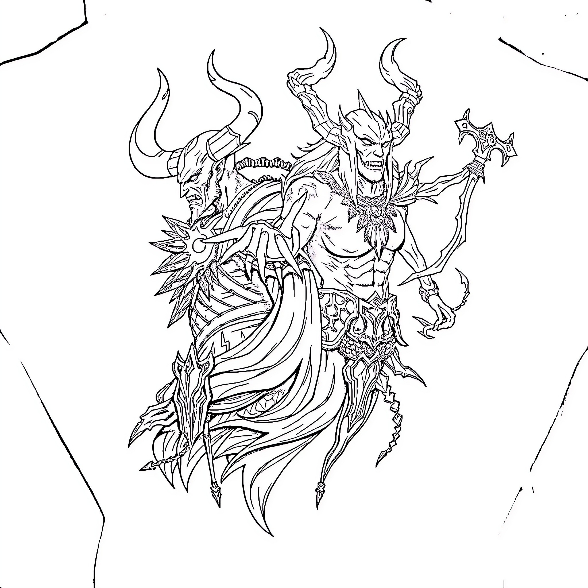 Tattoo of a fierce demonic warrior wielding a weapon Coloring Page (free black-and-white line drawing printable PDF for all, from beginners to advanced learners, including children, teens, adults, and seniors)