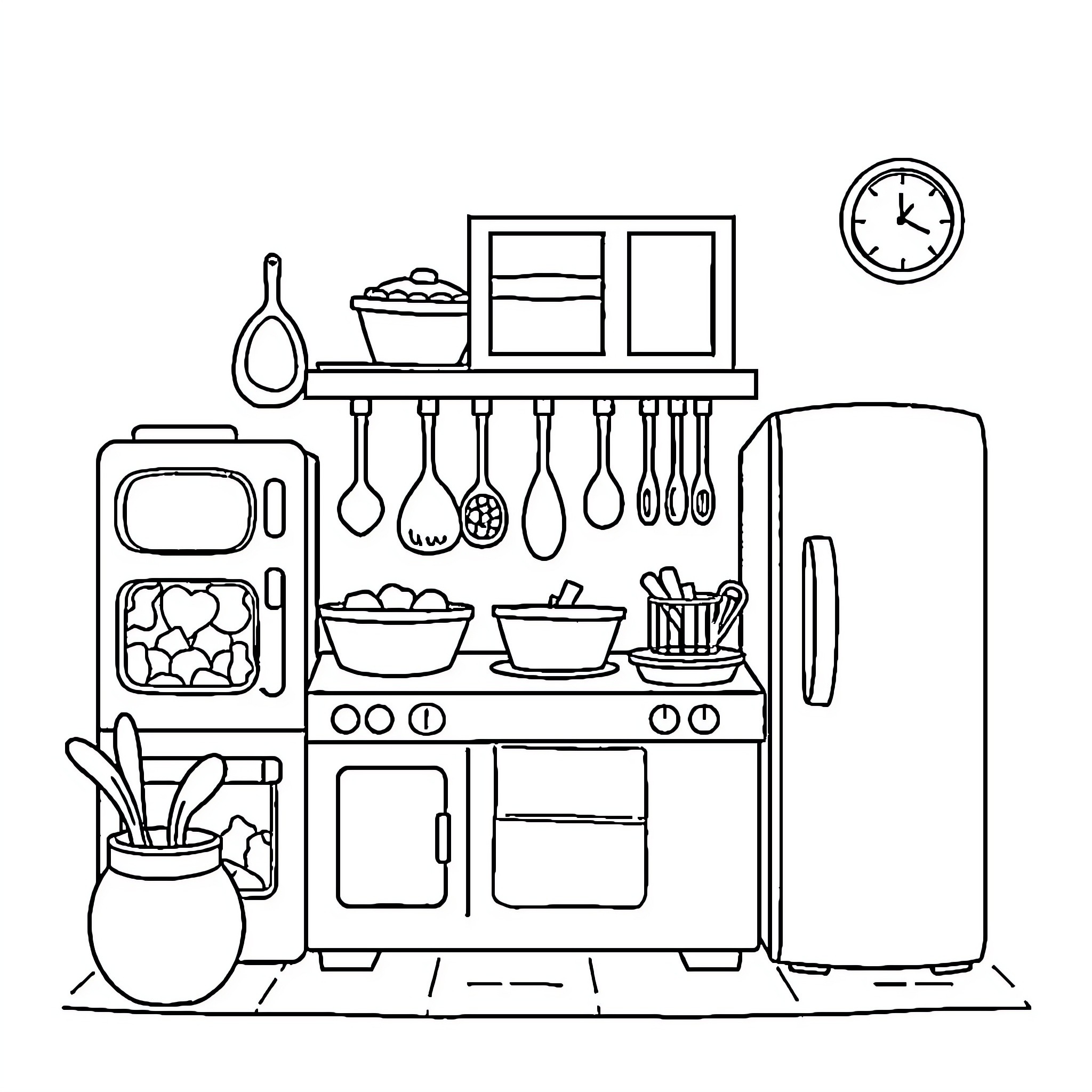 Play Food Cooking Utensils and Appliances in Kitchen Coloring Page (free black-and-white line drawing printable PDF for all, from beginners to advanced learners, including children, teens, adults, and seniors)