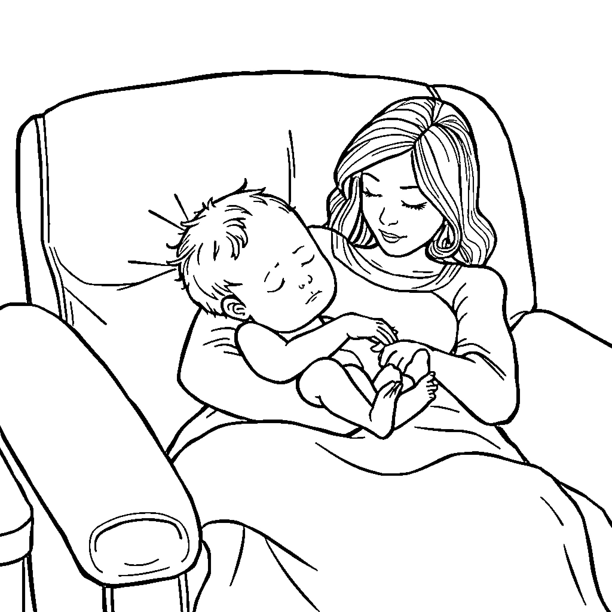 Baby sleeping peacefully in mother's embrace Coloring Page (free black-and-white line drawing printable PDF for all, from beginners to advanced learners, including children, teens, adults, and seniors)