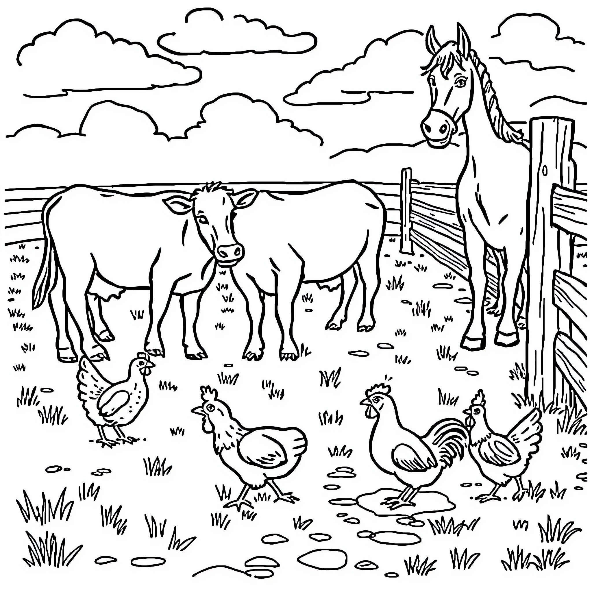 Barnyard Animal Friends in Peaceful Pasture Coloring Page (free black-and-white line drawing printable PDF for all, from beginners to advanced learners, including children, teens, adults, and seniors)