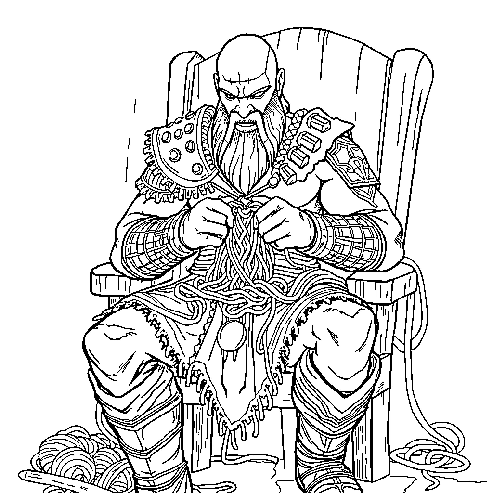 Kratos, the mighty warrior, enthroned amid the chaos Coloring Page (free black-and-white line drawing printable PDF for all, from beginners to advanced learners, including children, teens, adults, and seniors)