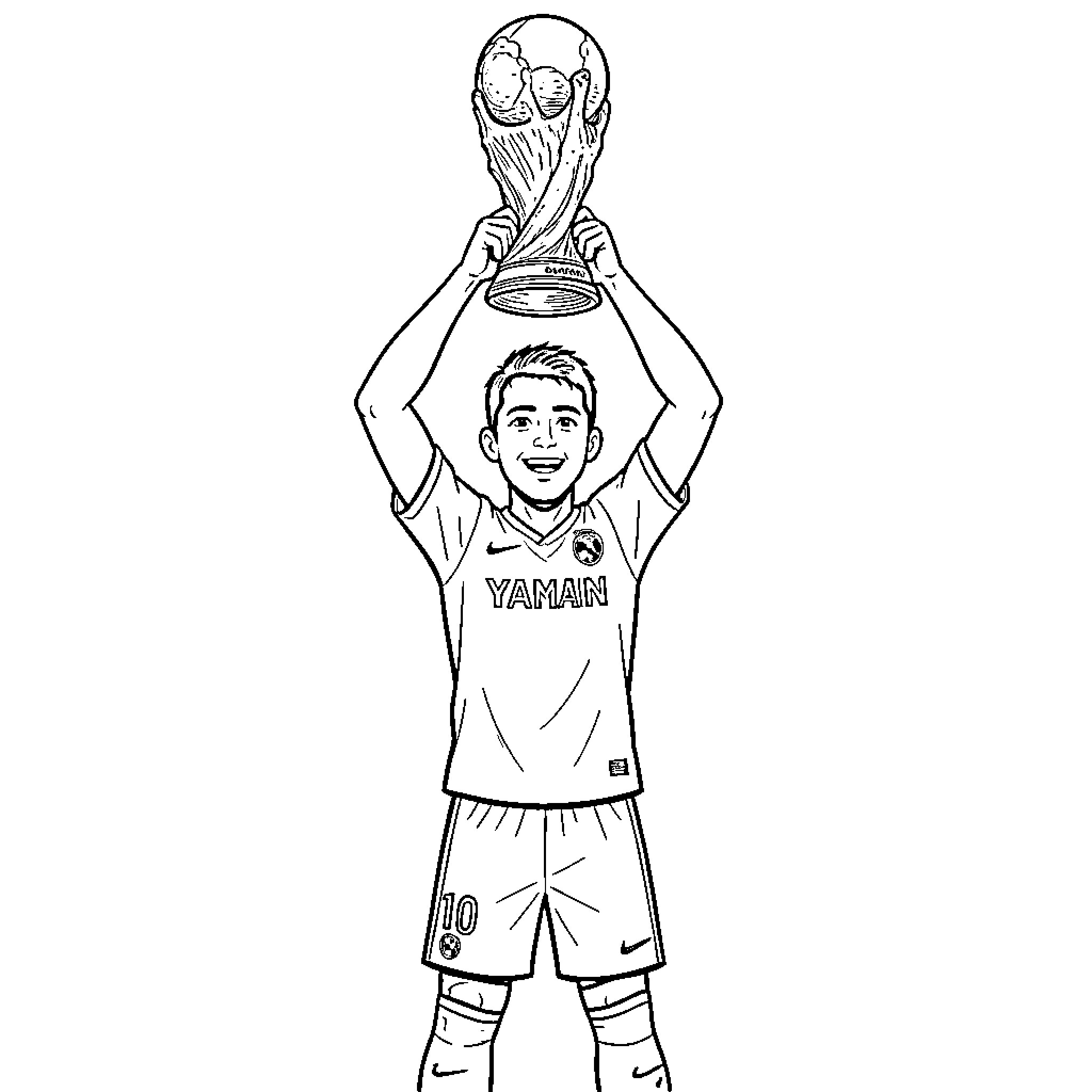 Lamin Yamal celebrating while holding a championship trophy Coloring Page (free black-and-white line drawing printable PDF for all, from beginners to advanced learners, including children, teens, adults, and seniors)