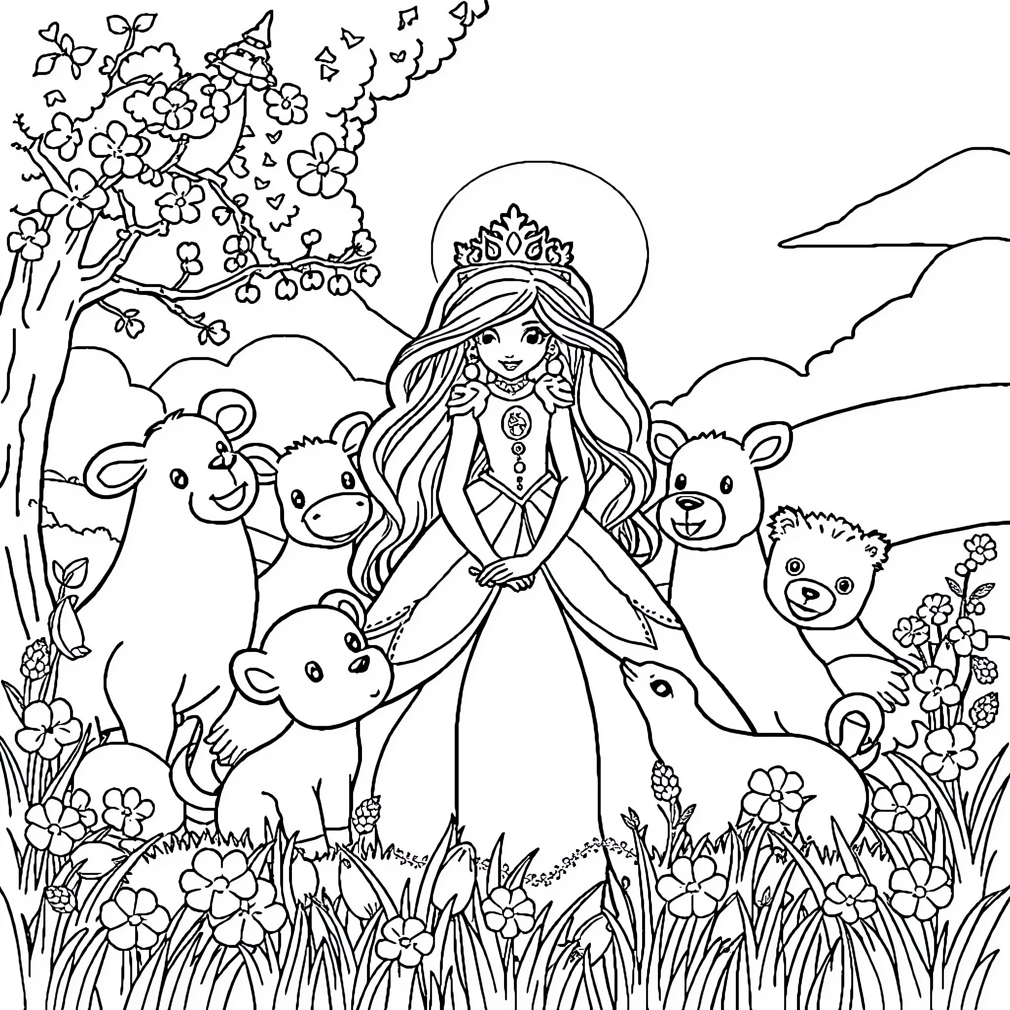 Princess surrounded by whimsical forest creatures Coloring Page (free black-and-white line drawing printable PDF for all, from beginners to advanced learners, including children, teens, adults, and seniors)