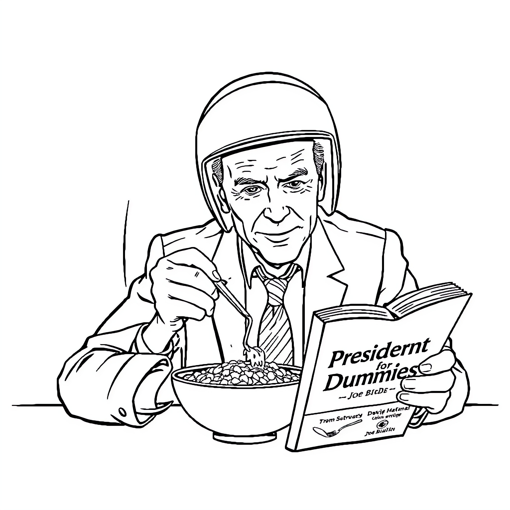 Joe Biden reading a book while eating cereal Coloring Page (free black-and-white line drawing printable PDF for all, from beginners to advanced learners, including children, teens, adults, and seniors)