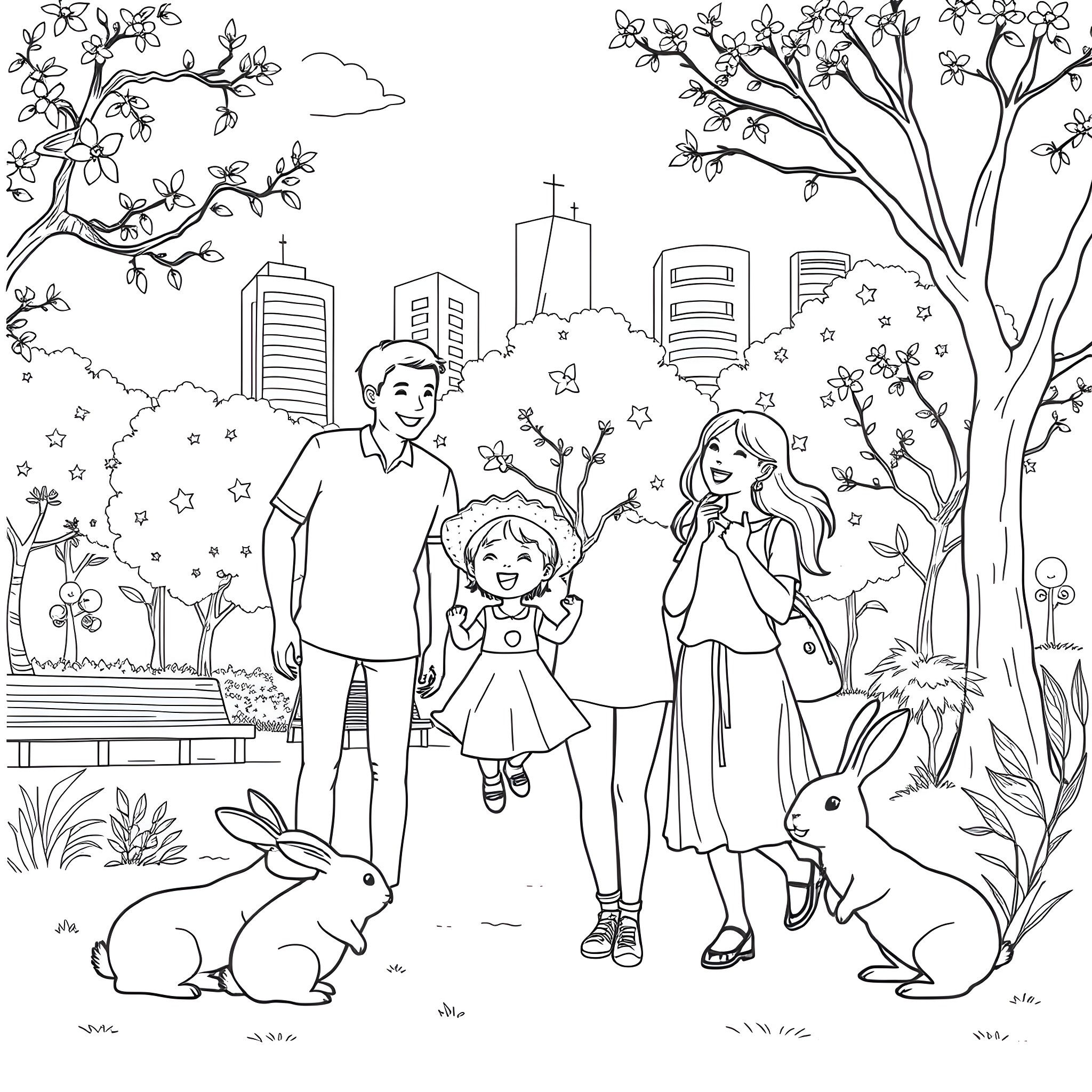 Rabbit Family Enjoying Spring Scenery in the City Coloring Page (free black-and-white line drawing printable PDF for all, from beginners to advanced learners, including children, teens, adults, and seniors)