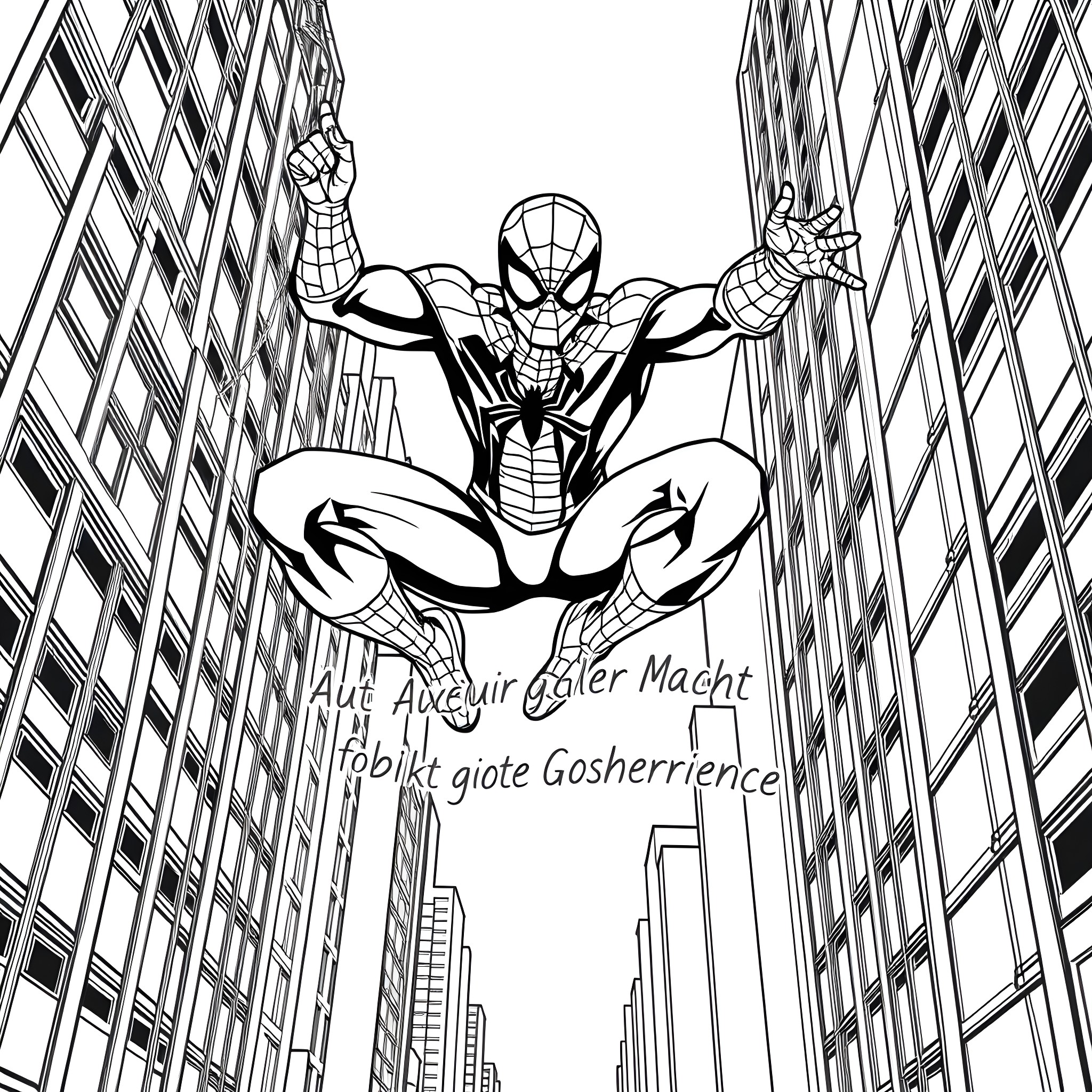 Spiderman swinging through the city skyscrapers Coloring Page (free black-and-white line drawing printable PDF for all, from beginners to advanced learners, including children, teens, adults, and seniors)
