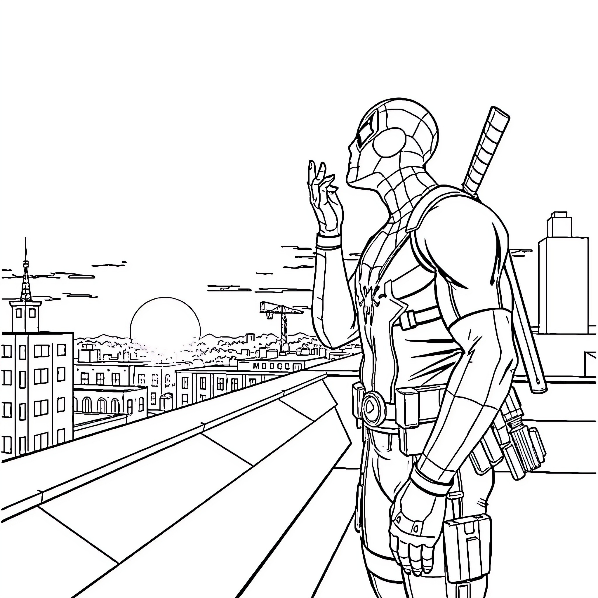Spiderman overlooking the city skyline Coloring Page (free black-and-white line drawing printable PDF for all, from beginners to advanced learners, including children, teens, adults, and seniors)