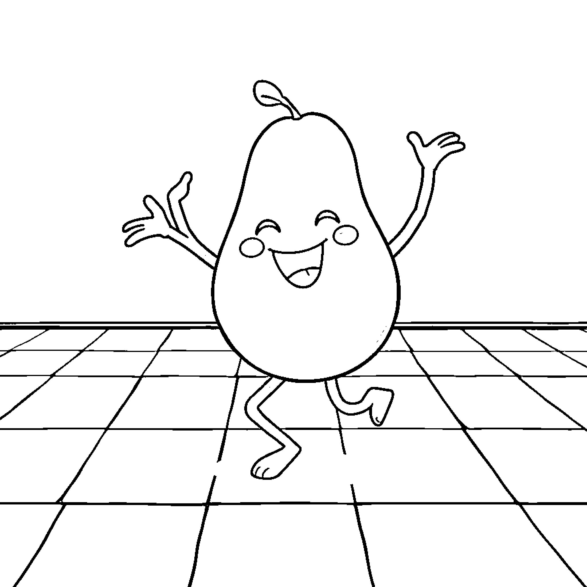 Avocado happily jumping on checkered floor Coloring Page (free black-and-white line drawing printable PDF for all, from beginners to advanced learners, including children, teens, adults, and seniors)