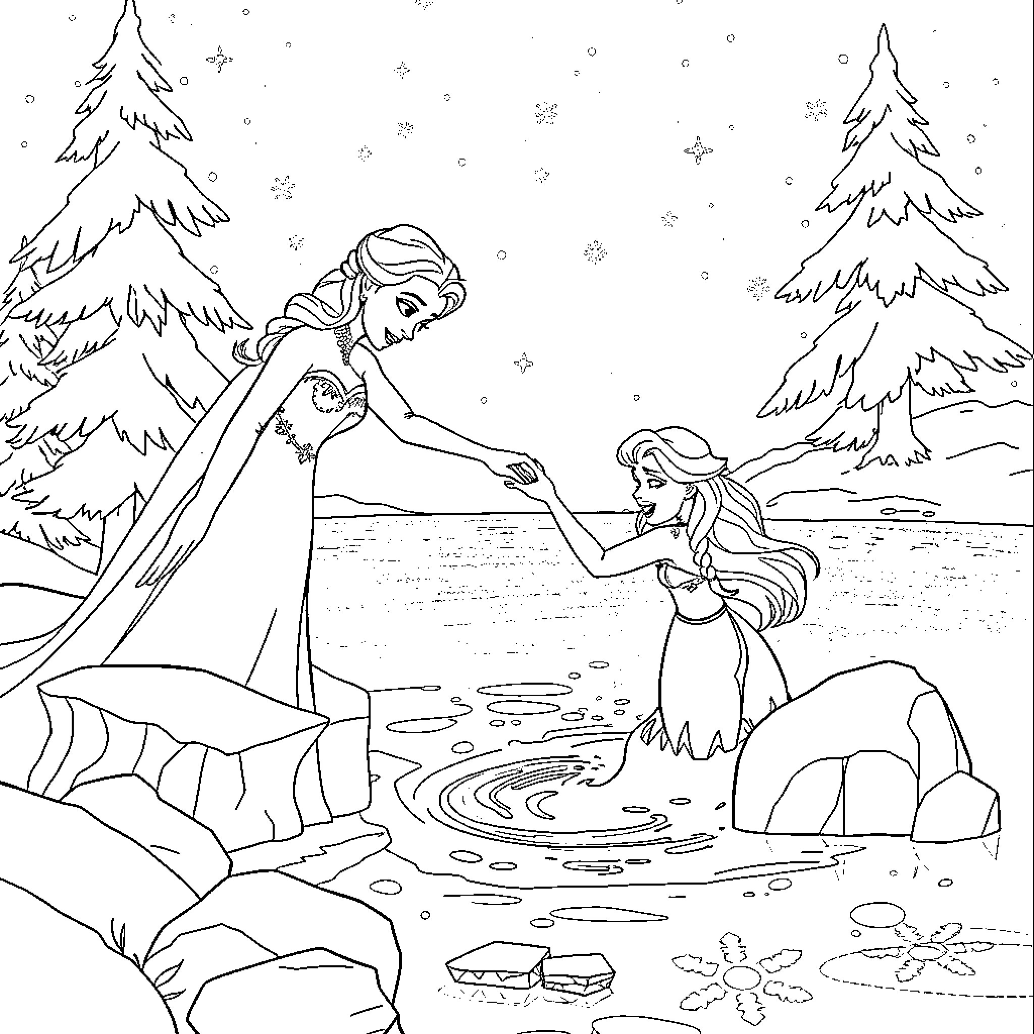 Elsa and Anna enjoying a snowy winter wonderland Coloring Page (free black-and-white line drawing printable PDF for all, from beginners to advanced learners, including children, teens, adults, and seniors)