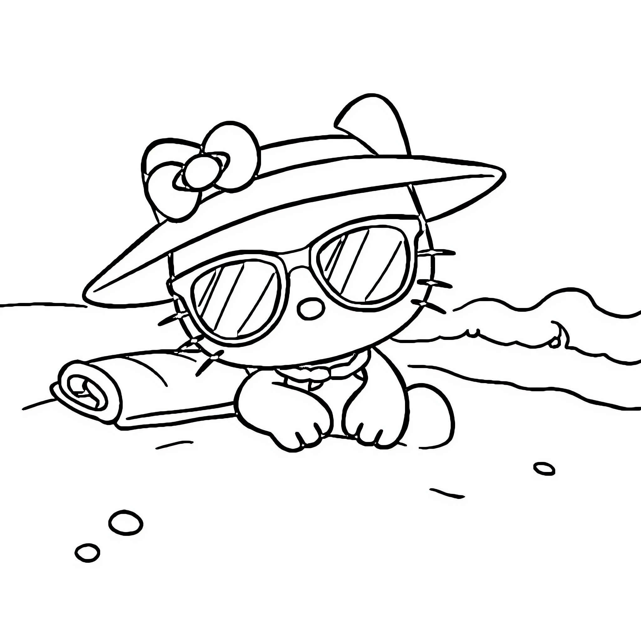 Hello Kitty relaxing on the beach Coloring Page (free black-and-white line drawing printable PDF for all, from beginners to advanced learners, including children, teens, adults, and seniors)