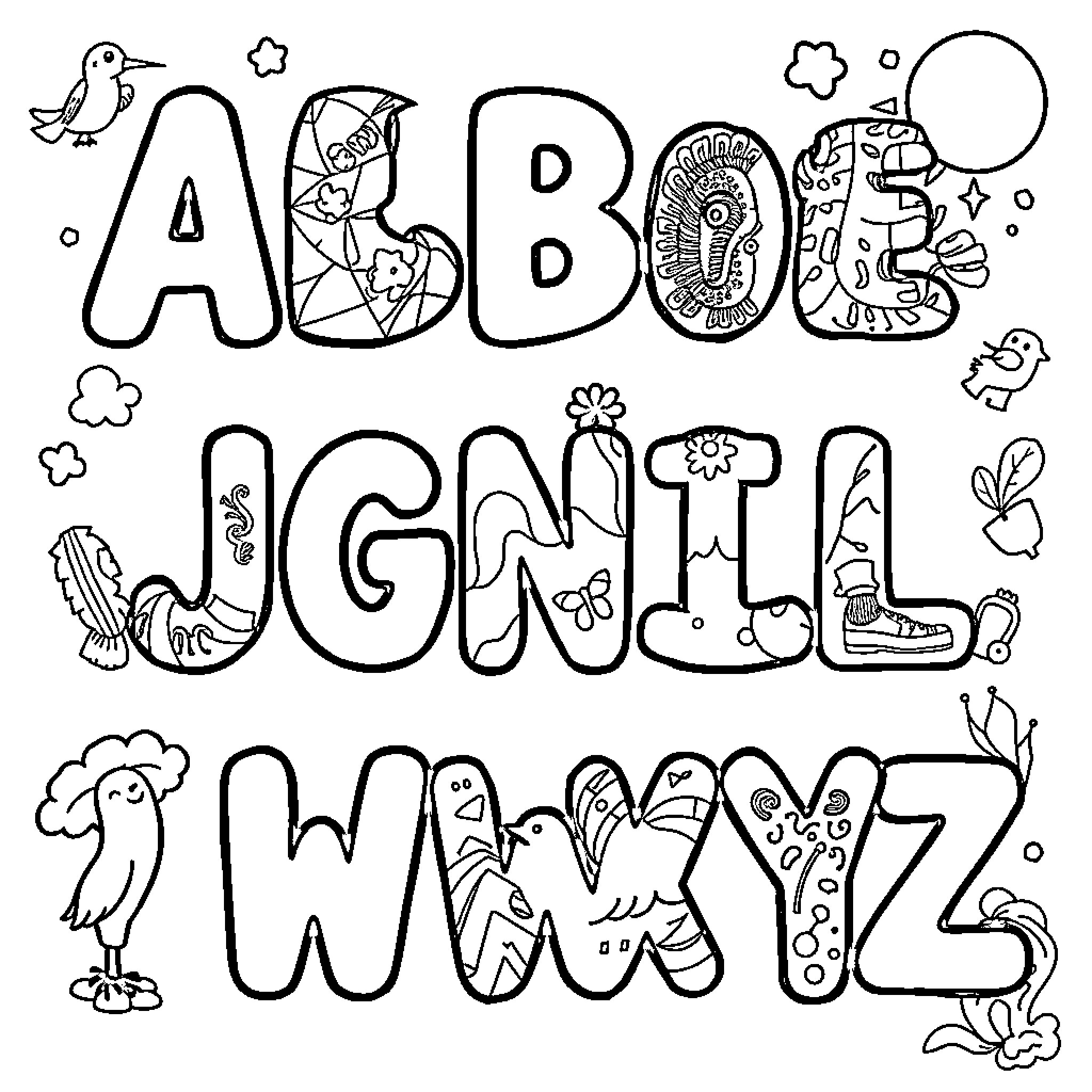 Alphabet with playful doodle-style illustrations Coloring Page (free black-and-white line drawing printable PDF for all, from beginners to advanced learners, including children, teens, adults, and seniors)