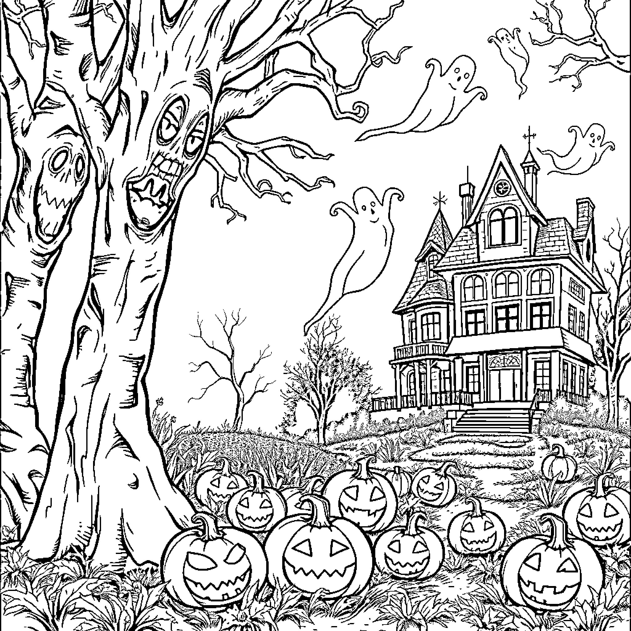 Treant protects the haunted mansion and jack-o'-lanterns Coloring Page (free black-and-white line drawing printable PDF for all, from beginners to advanced learners, including children, teens, adults, and seniors)