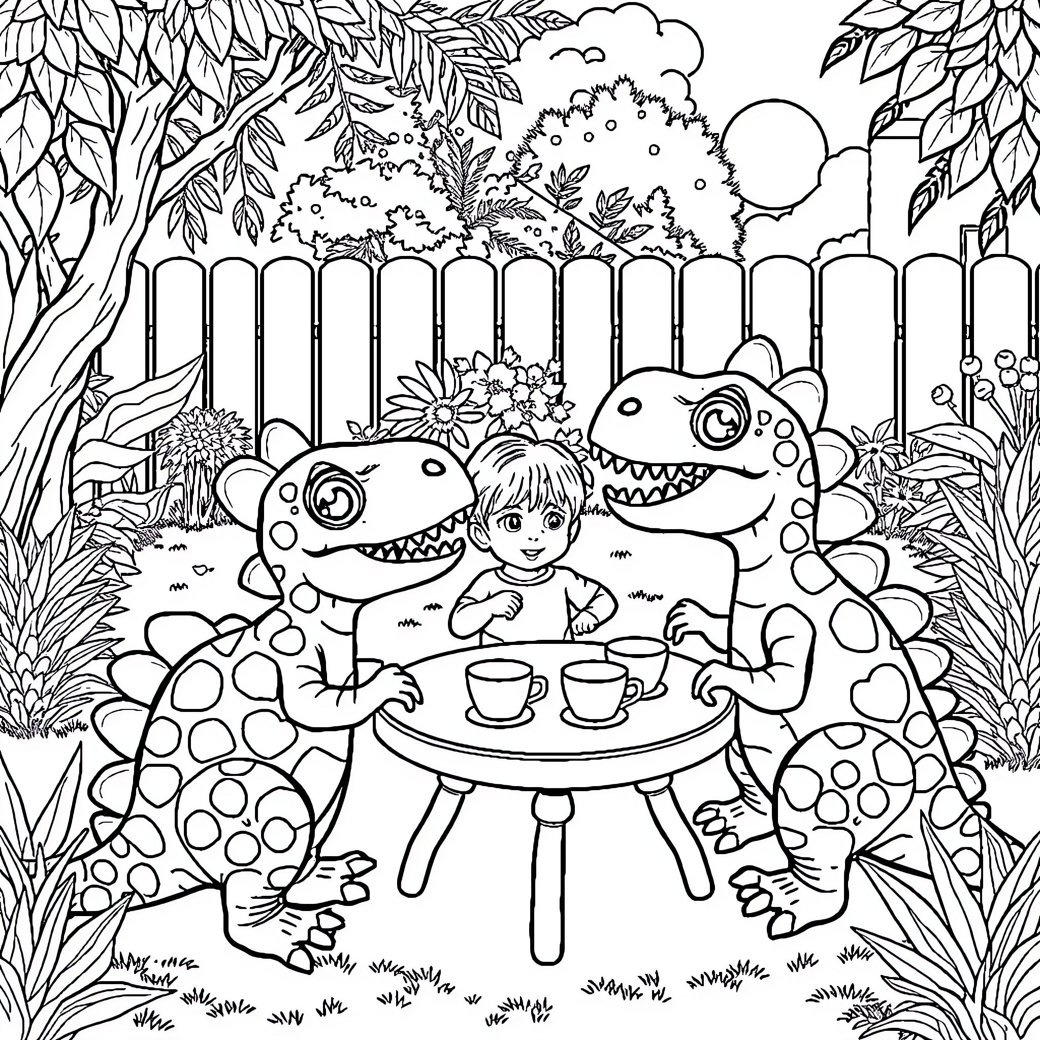 Dinosaur friends enjoying tea time in the garden Coloring Page (free black-and-white line drawing printable PDF for all, from beginners to advanced learners, including children, teens, adults, and seniors)