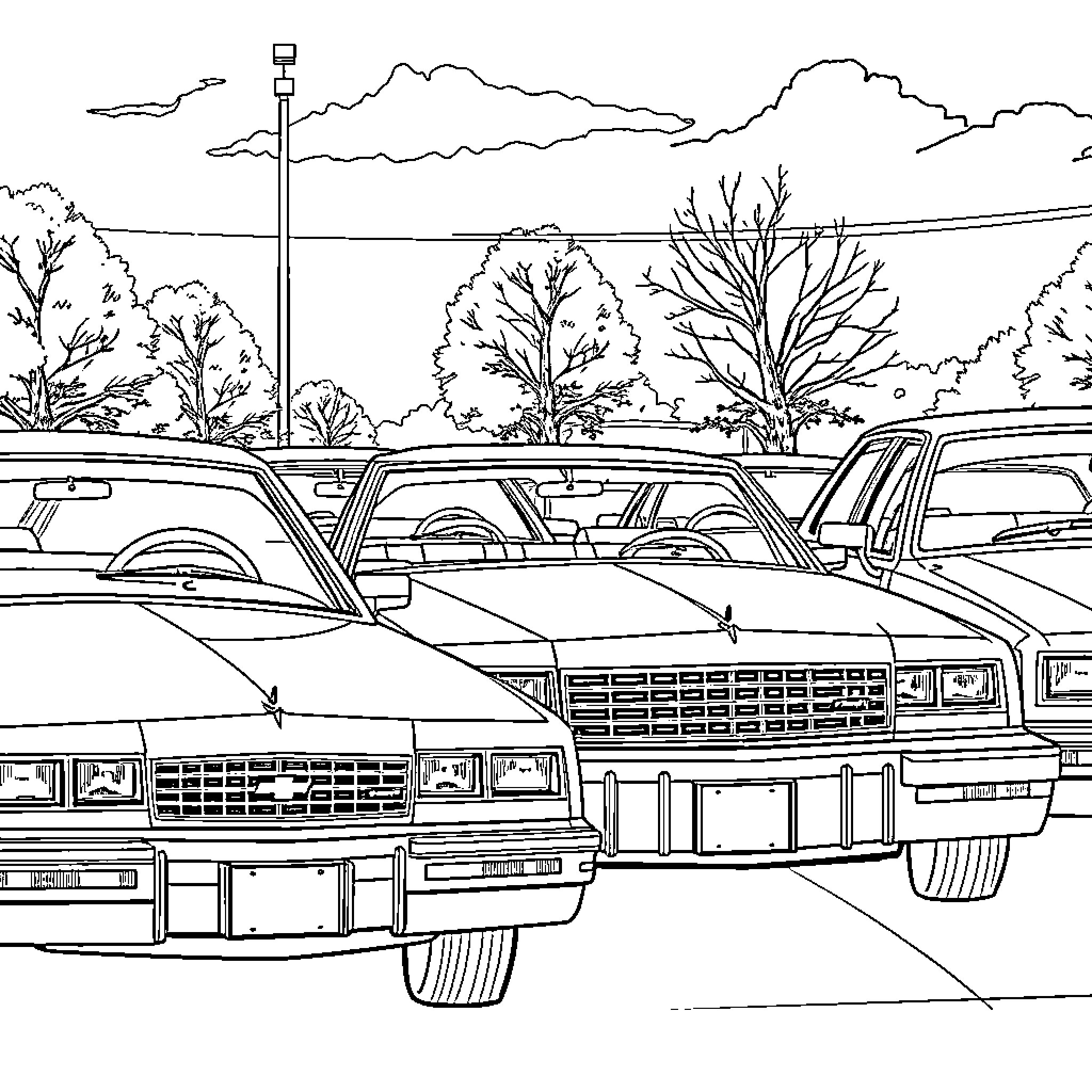 Chevy Cavalier cars parked in a snowy landscape Coloring Page (free black-and-white line drawing printable PDF for all, from beginners to advanced learners, including children, teens, adults, and seniors)