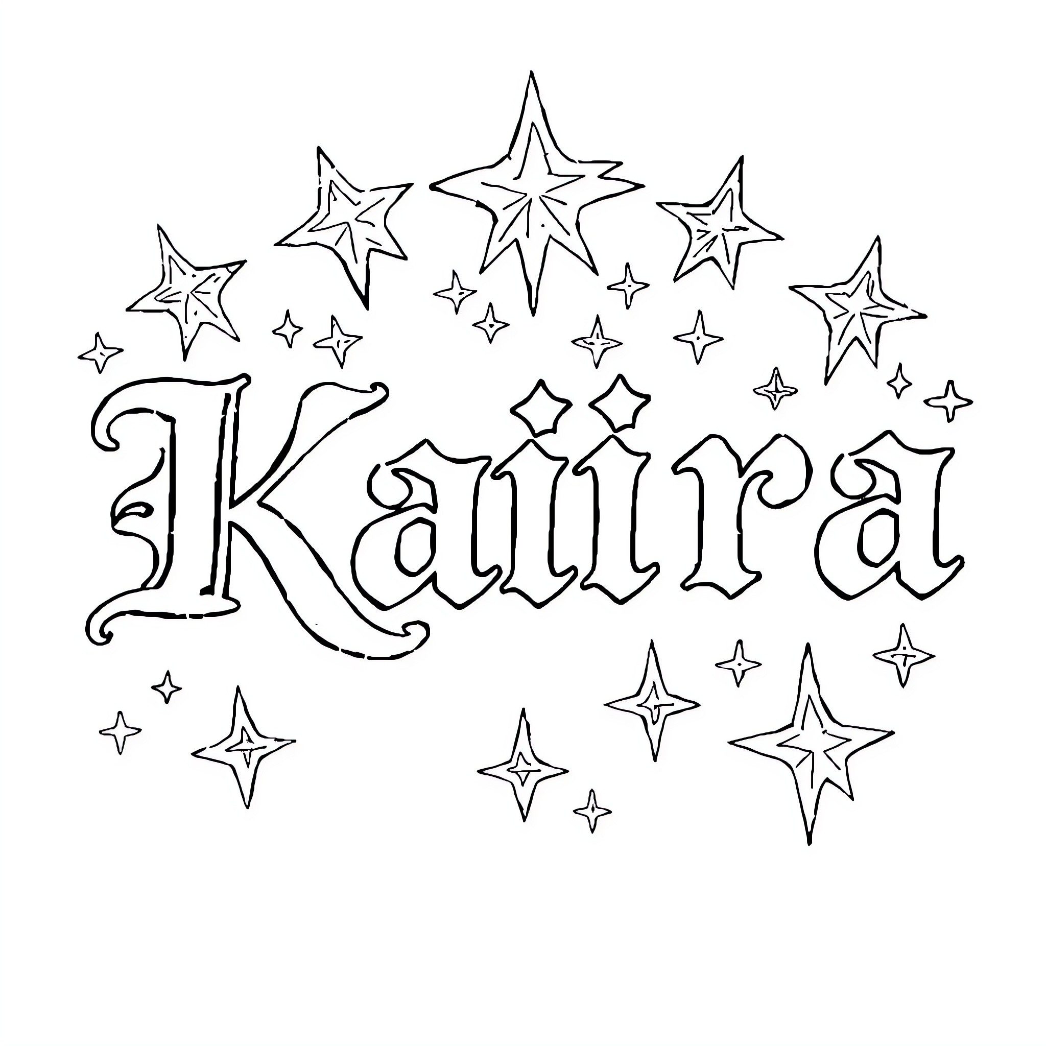 Kaira's Magical Star-Filled Design Coloring Page (free black-and-white line drawing printable PDF for all, from beginners to advanced learners, including children, teens, adults, and seniors)