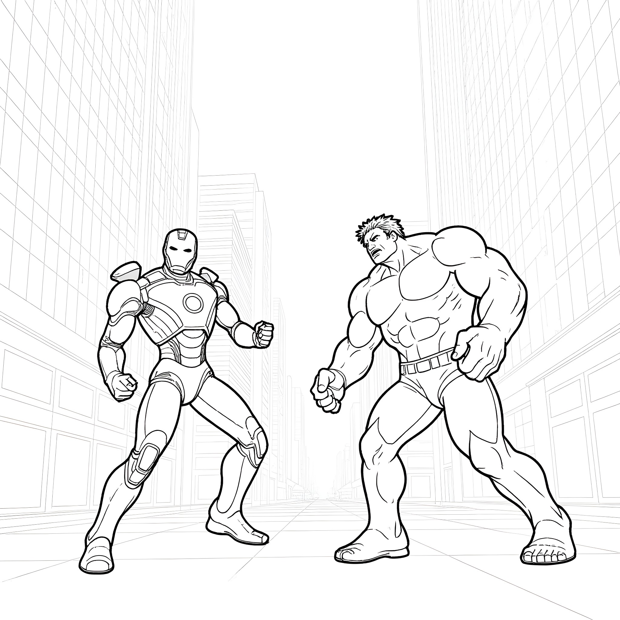 Ironman and Hulk facing off in a showdown Coloring Page (free black-and-white line drawing printable PDF for all, from beginners to advanced learners, including children, teens, adults, and seniors)