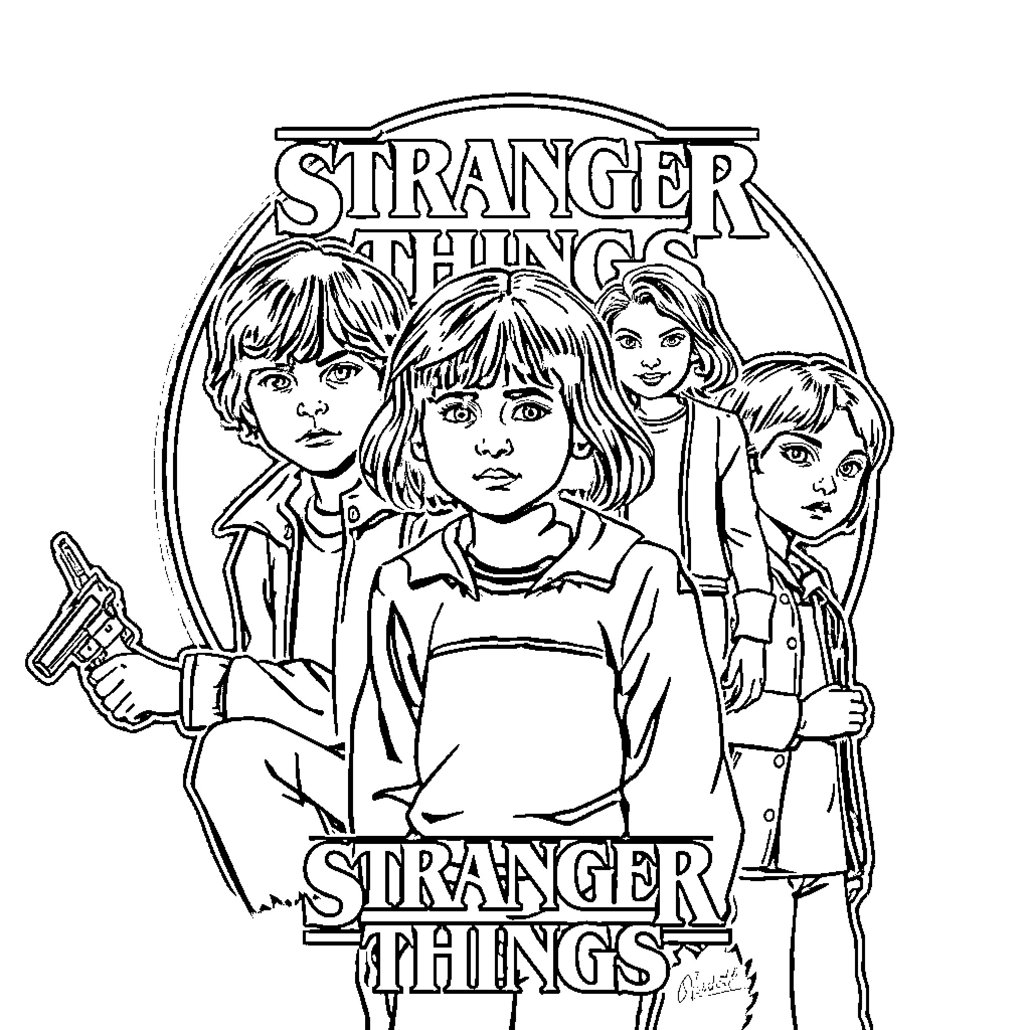 Stranger Things characters in dramatic poses Coloring Page (free black-and-white line drawing printable PDF for all, from beginners to advanced learners, including children, teens, adults, and seniors)