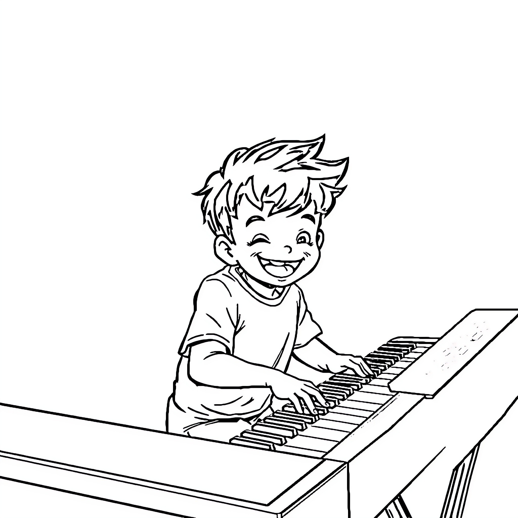 Kim Dara playing happily on the piano Coloring Page (free black-and-white line drawing printable PDF for all, from beginners to advanced learners, including children, teens, adults, and seniors)