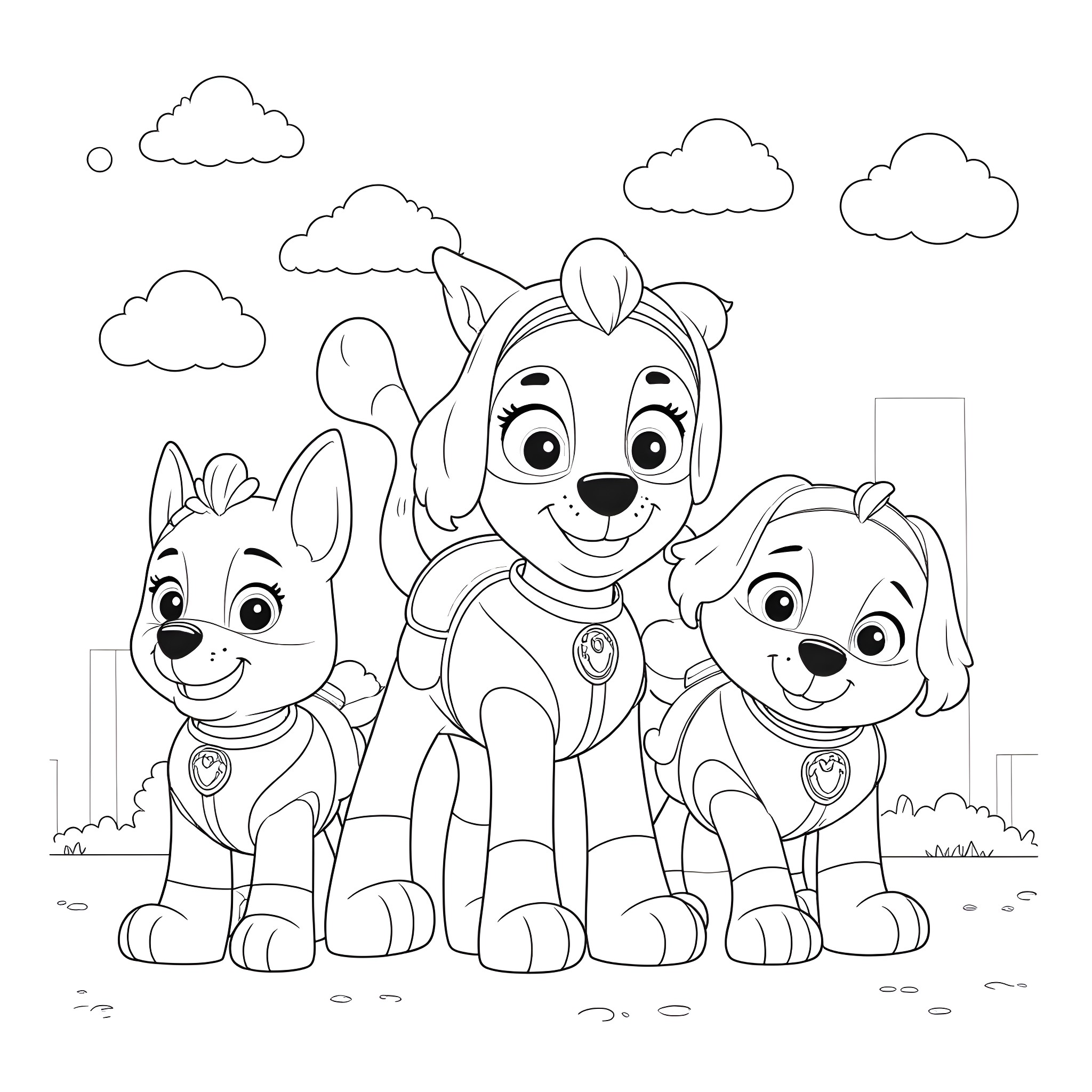Paw Patrol characters exploring the city together Coloring Page (free black-and-white line drawing printable PDF for all, from beginners to advanced learners, including children, teens, adults, and seniors)