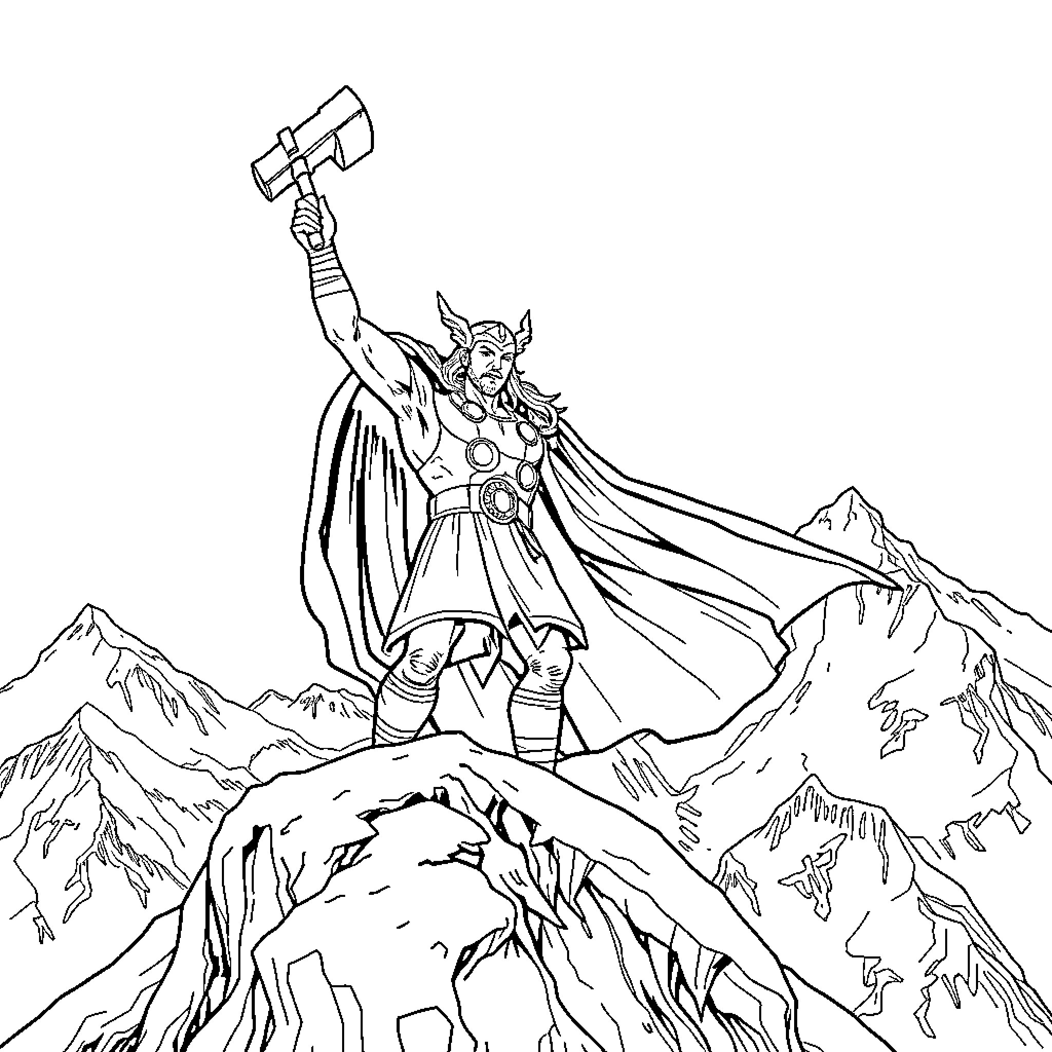 Thor raising mighty hammer atop snowy mountain peak Coloring Page (free black-and-white line drawing printable PDF for all, from beginners to advanced learners, including children, teens, adults, and seniors)