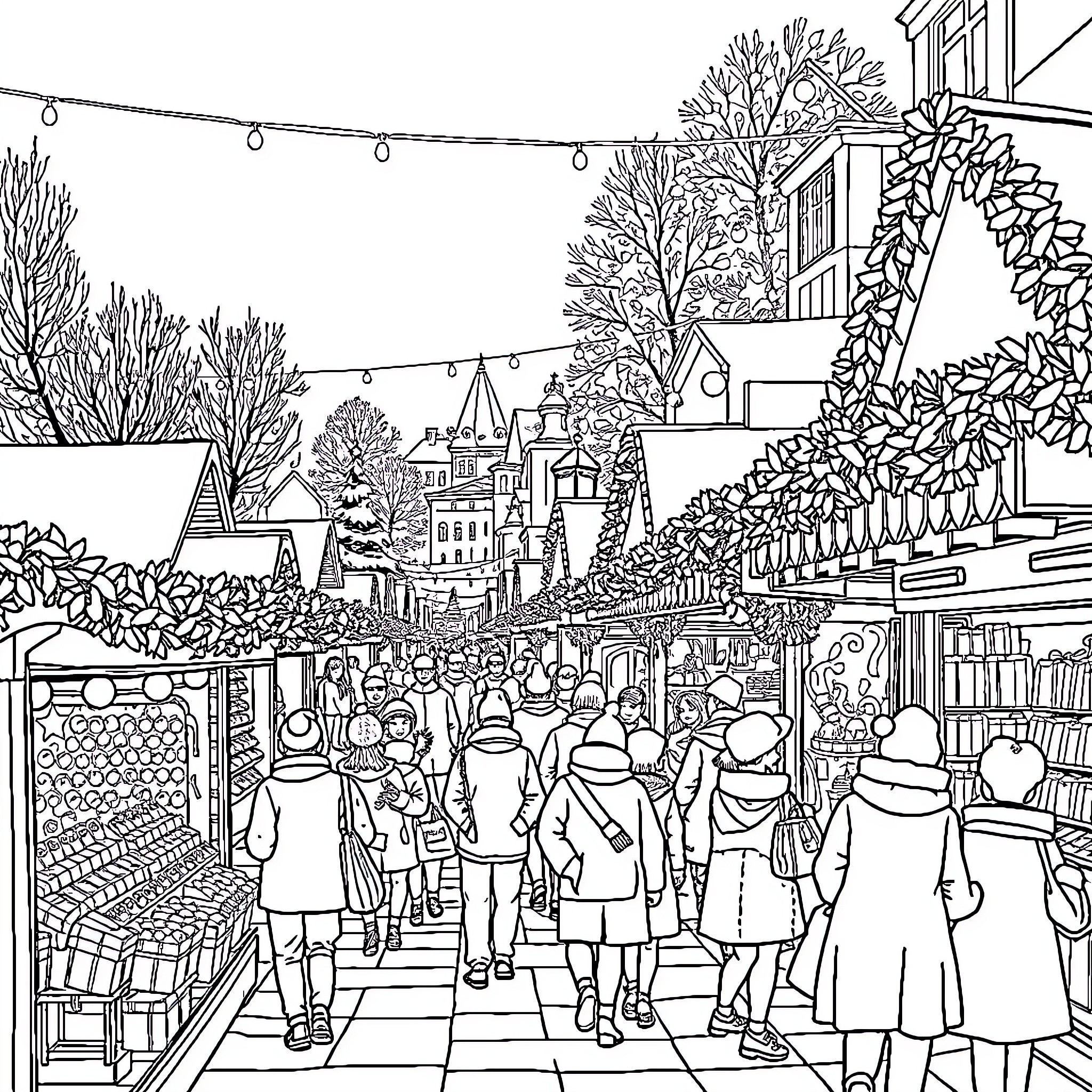 Market Crowds Browsing and Exploring the Festive Scene Coloring Page (free black-and-white line drawing printable PDF for all, from beginners to advanced learners, including children, teens, adults, and seniors)