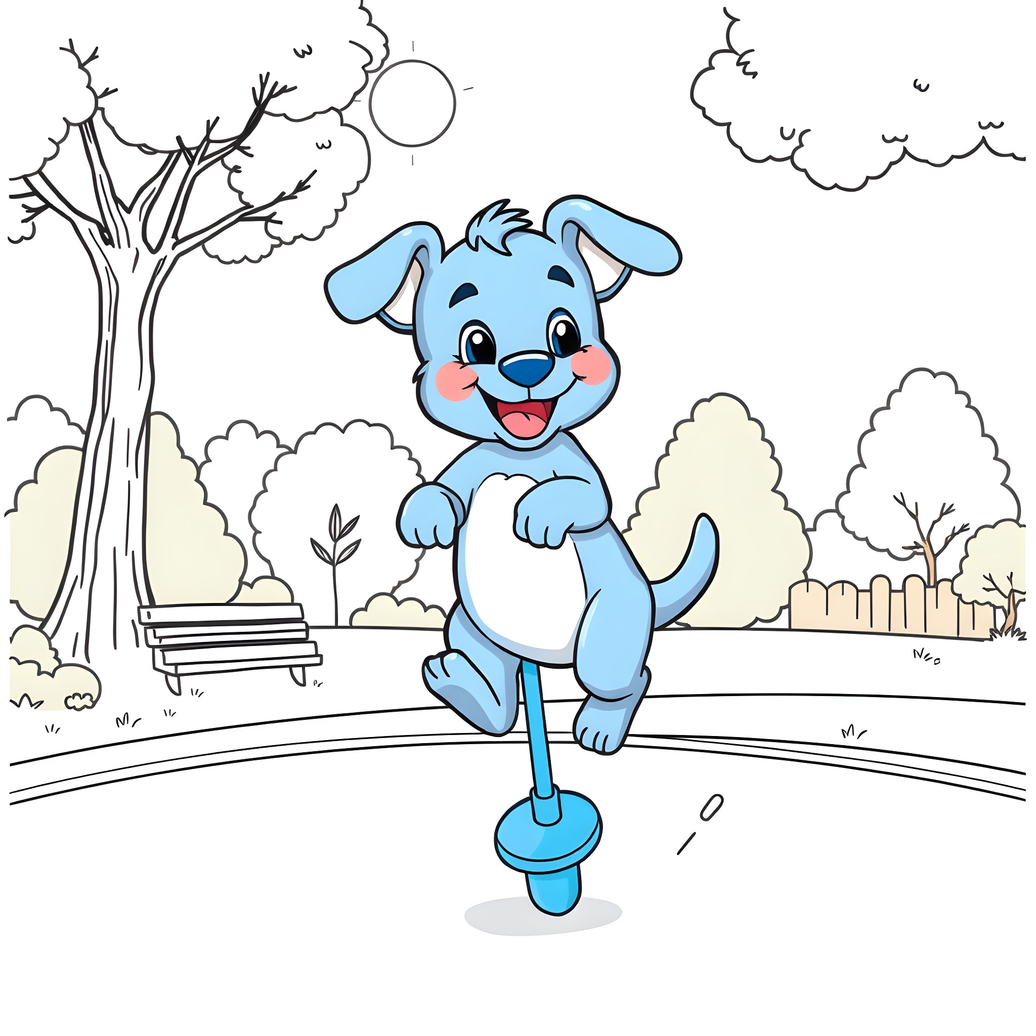 Bluey the happy pup jumps with joy in the park Coloring Page (free black-and-white line drawing printable PDF for all, from beginners to advanced learners, including children, teens, adults, and seniors)