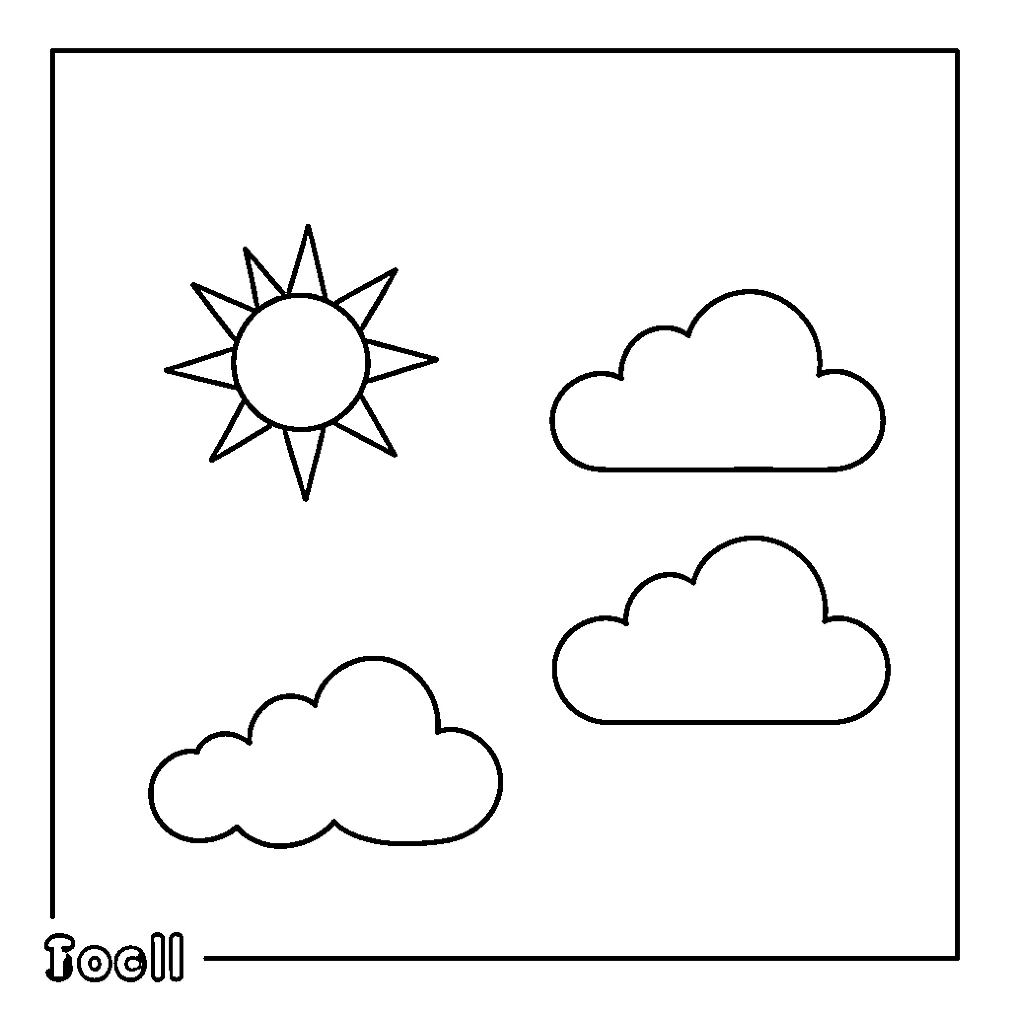 Star shaped sun shining among fluffy clouds Coloring Page (free black-and-white line drawing printable PDF for all, from beginners to advanced learners, including children, teens, adults, and seniors)