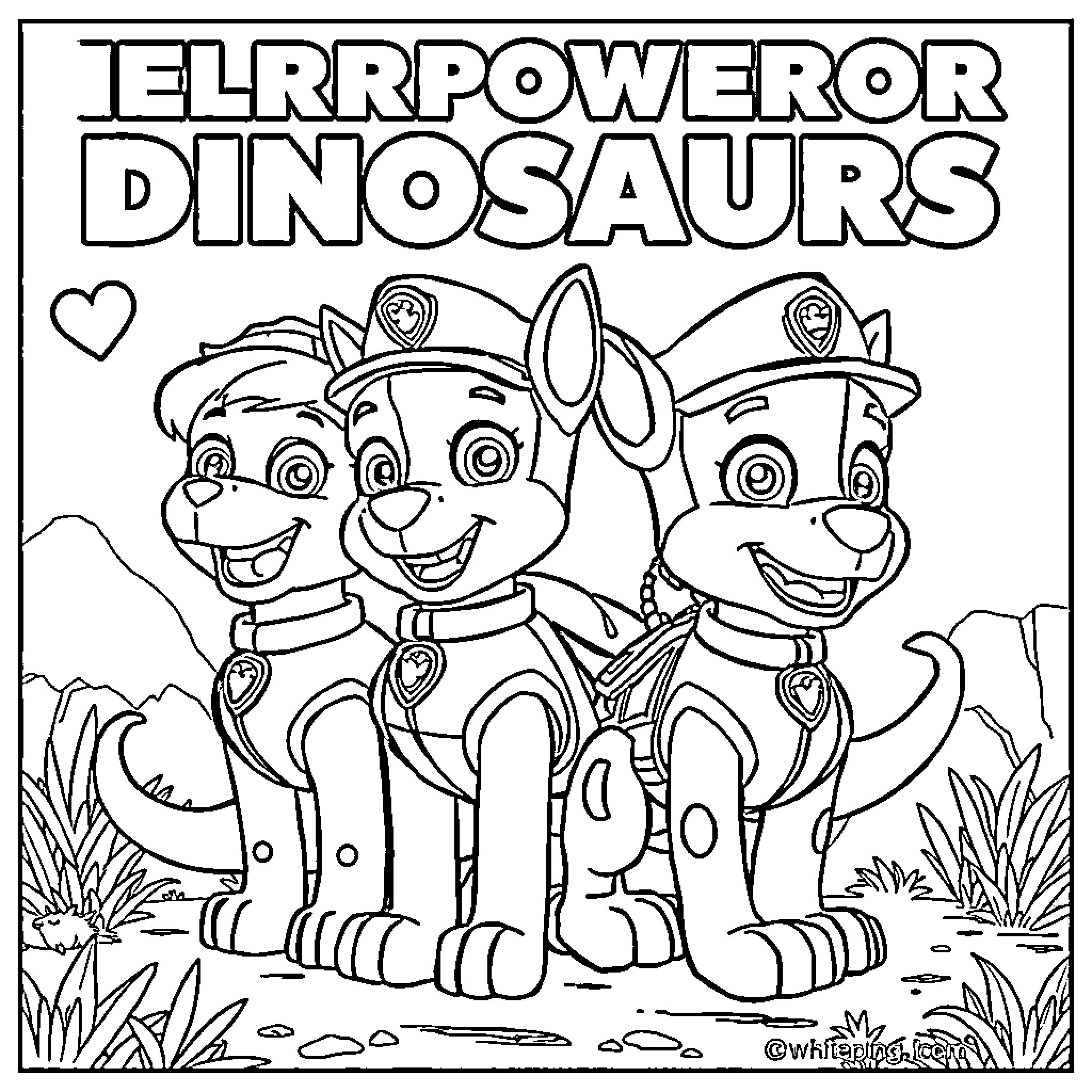 Paw Patrol Dinosaur Friends Explore the Outdoors Coloring Page (free black-and-white line drawing printable PDF for all, from beginners to advanced learners, including children, teens, adults, and seniors)
