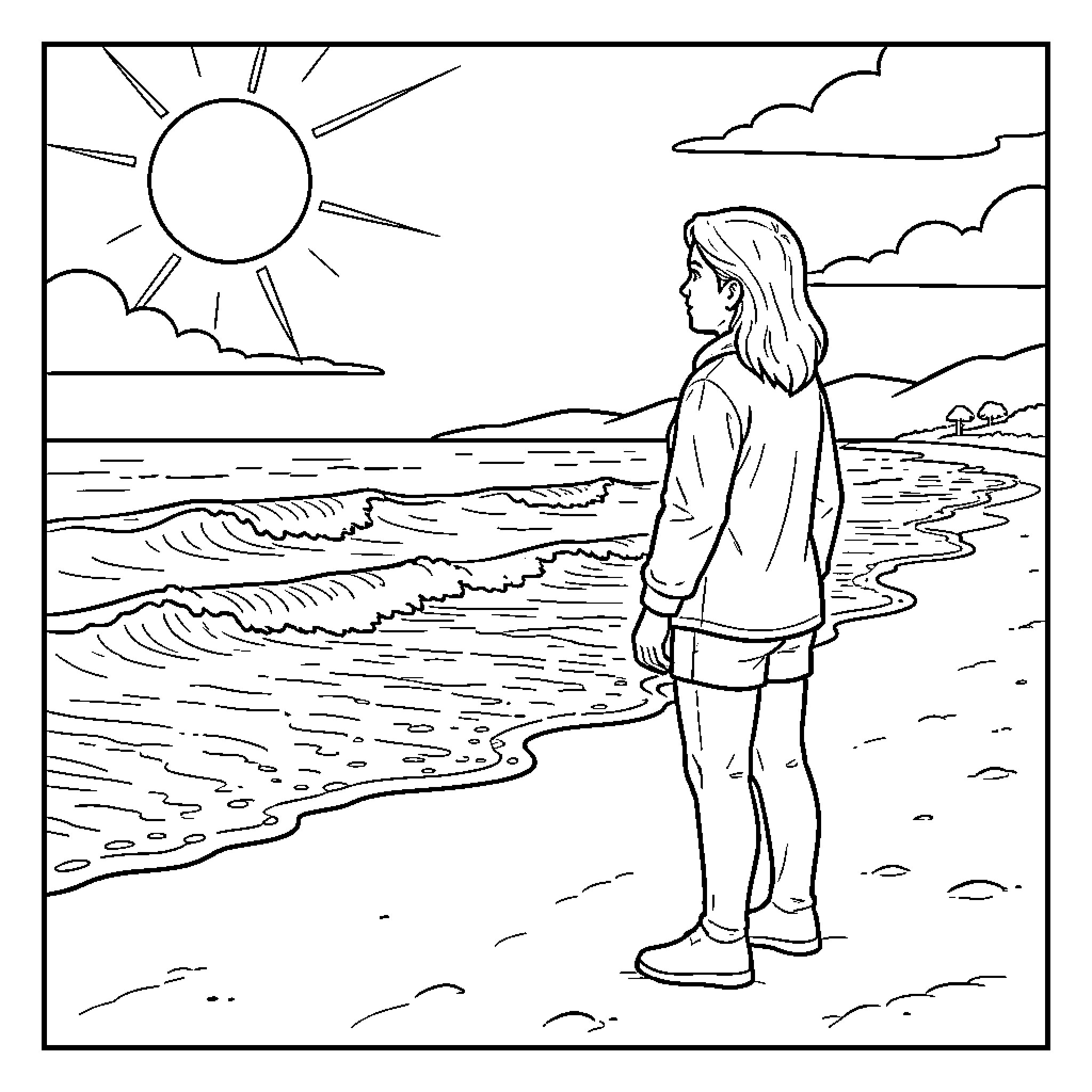 Person standing on the beach looking at the ocean Coloring Page (free black-and-white line drawing printable PDF for all, from beginners to advanced learners, including children, teens, adults, and seniors)