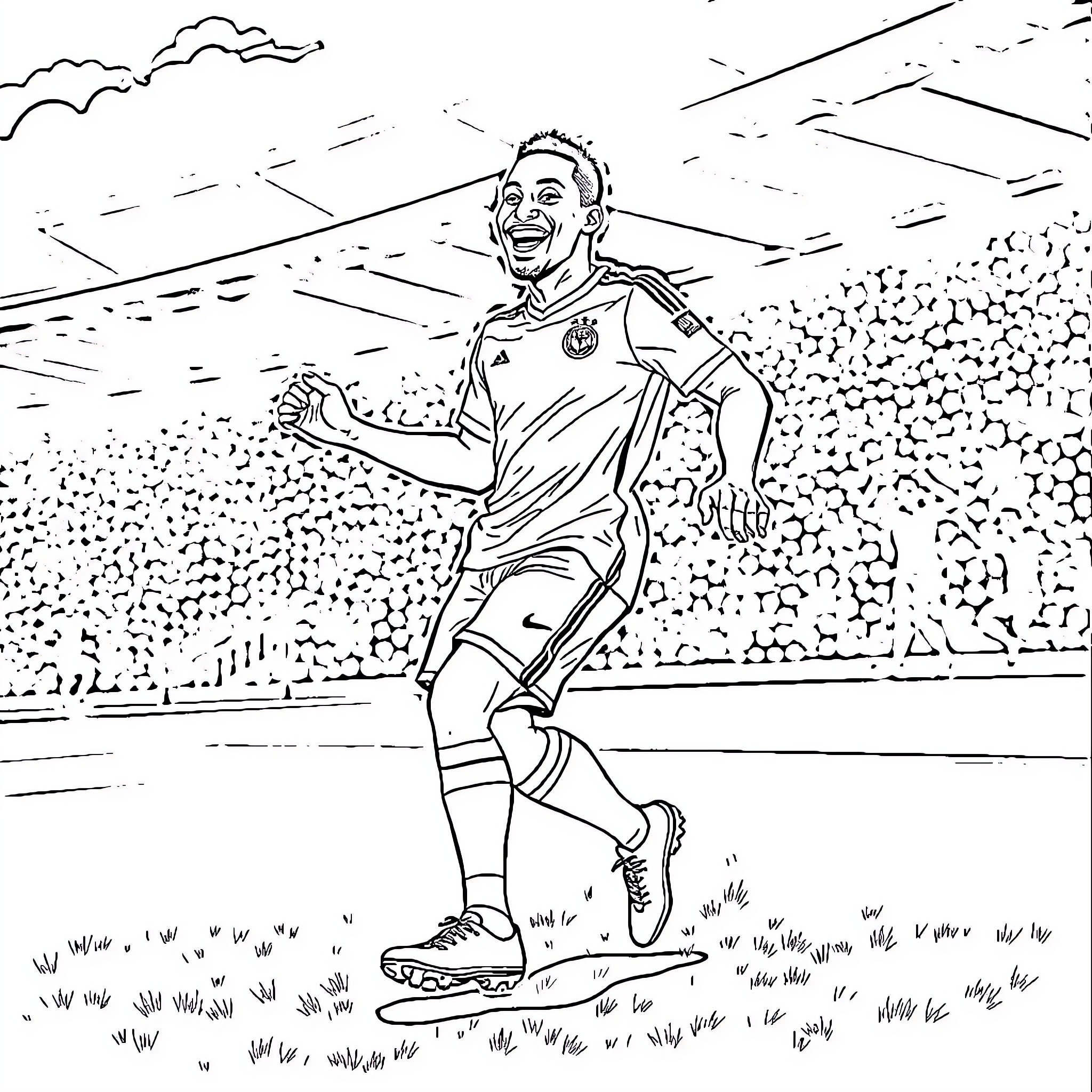 Mbappe celebrates on the field in uniform Coloring Page (free black-and-white line drawing printable PDF for all, from beginners to advanced learners, including children, teens, adults, and seniors)