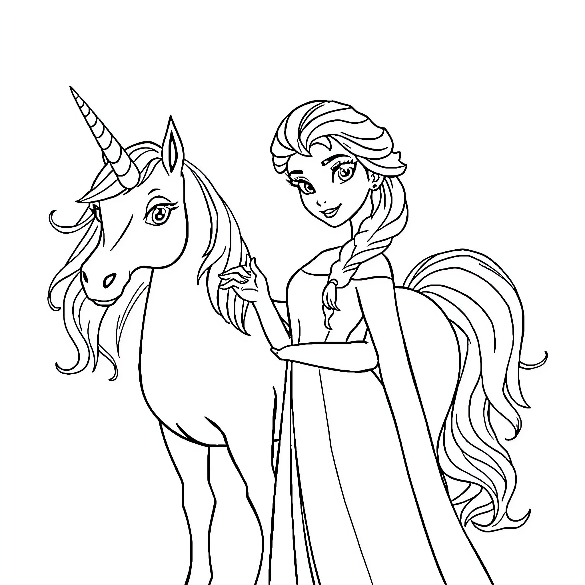 Elsa and her magical unicorn companion Coloring Page (free black-and-white line drawing printable PDF for all, from beginners to advanced learners, including children, teens, adults, and seniors)