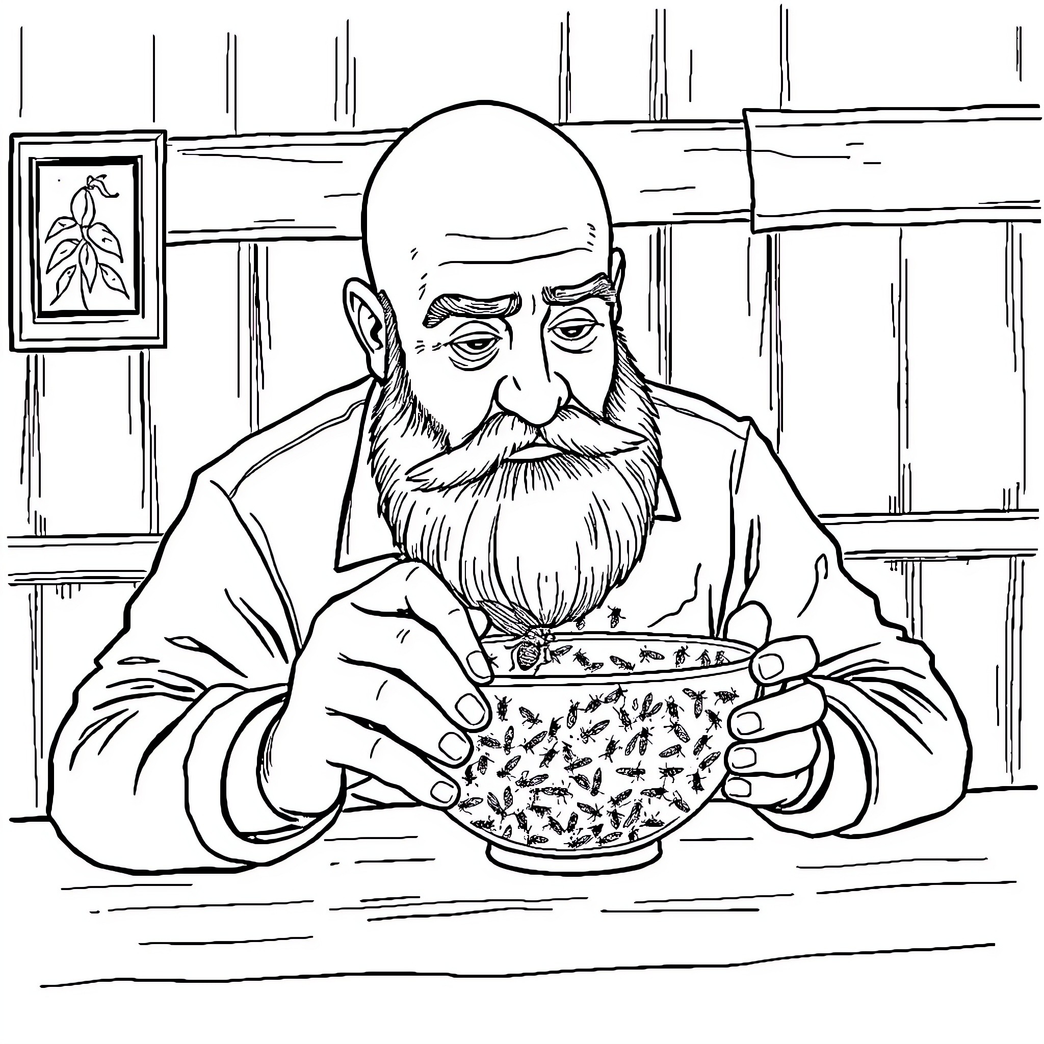 Man enjoying a cup of tea in his office Coloring Page (free black-and-white line drawing printable PDF for all, from beginners to advanced learners, including children, teens, adults, and seniors)