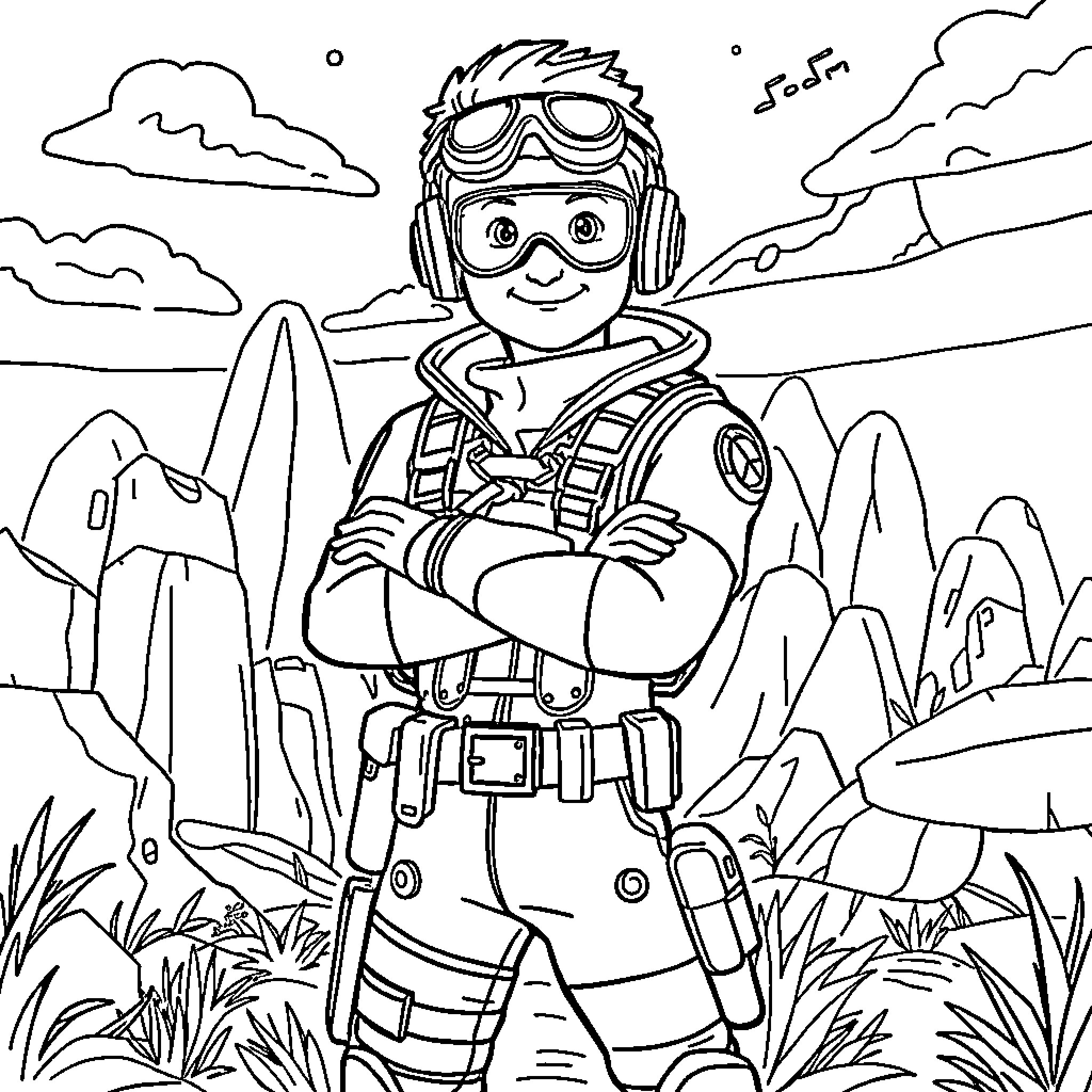 Jonesy the Adventurous Explorer in the Mountains Coloring Page (free black-and-white line drawing printable PDF for all, from beginners to advanced learners, including children, teens, adults, and seniors)