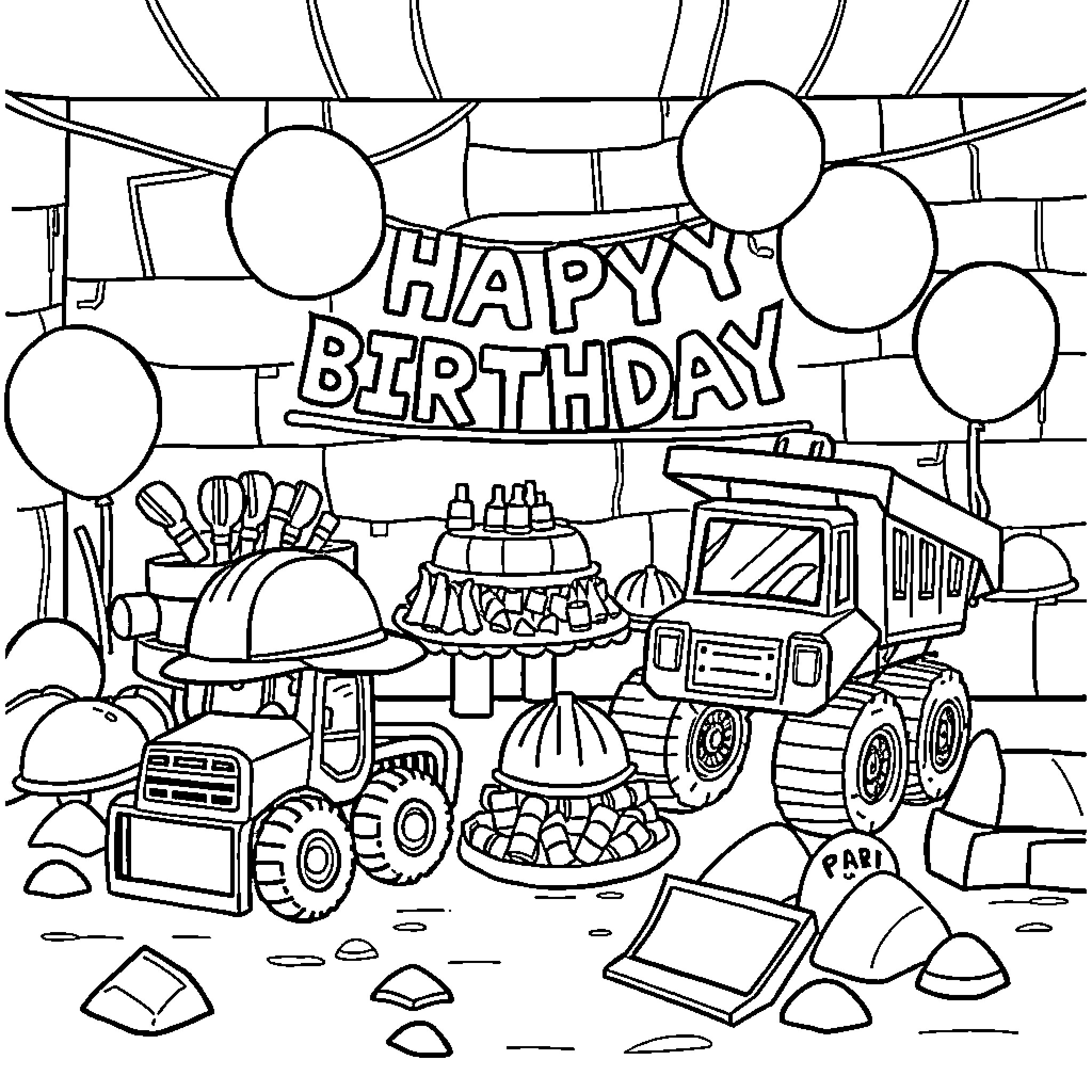 Construction of a Happy Birthday Celebration Coloring Page (free black-and-white line drawing printable PDF for all, from beginners to advanced learners, including children, teens, adults, and seniors)