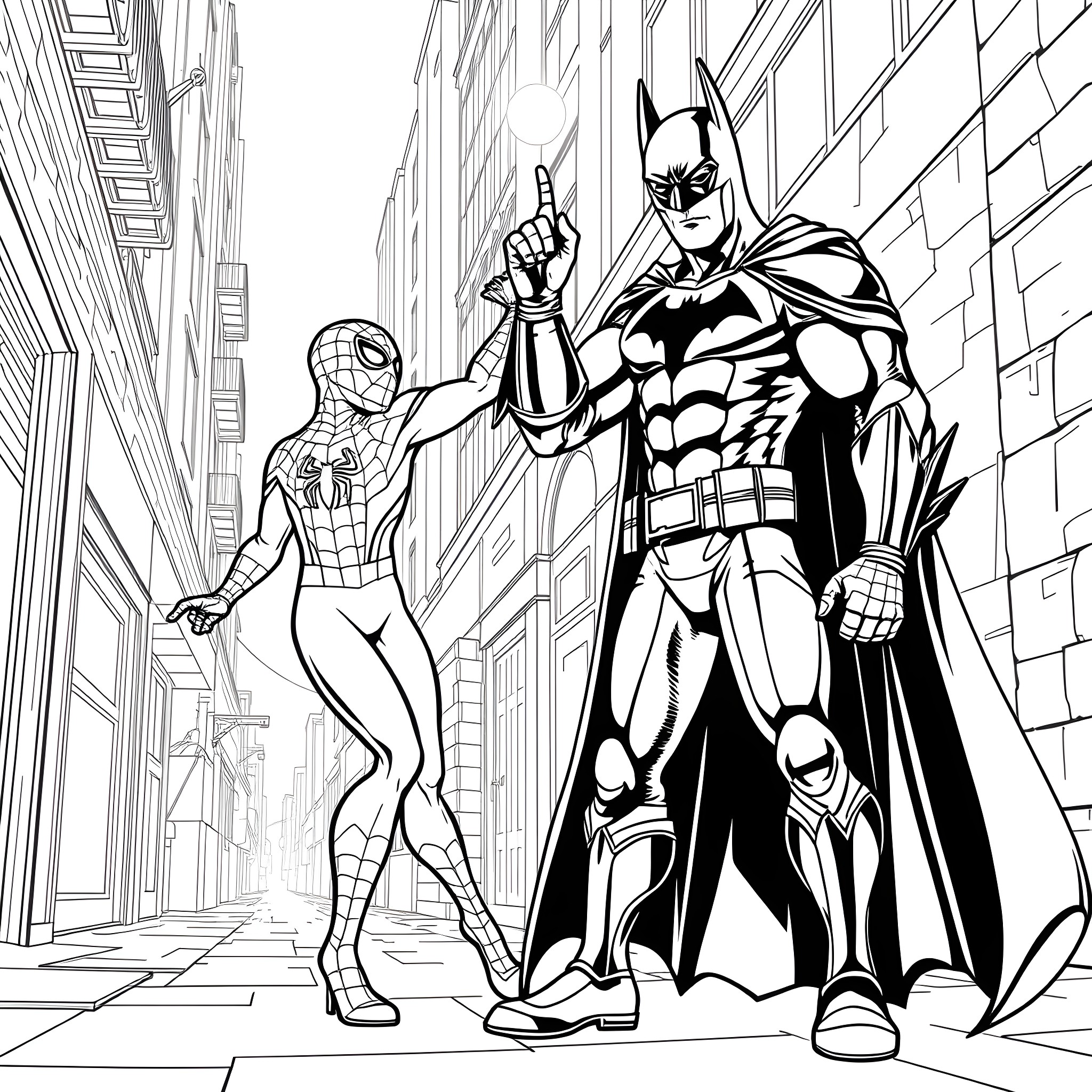 Spiderman and Batman Working Together in the City Coloring Page (free black-and-white line drawing printable PDF for all, from beginners to advanced learners, including children, teens, adults, and seniors)
