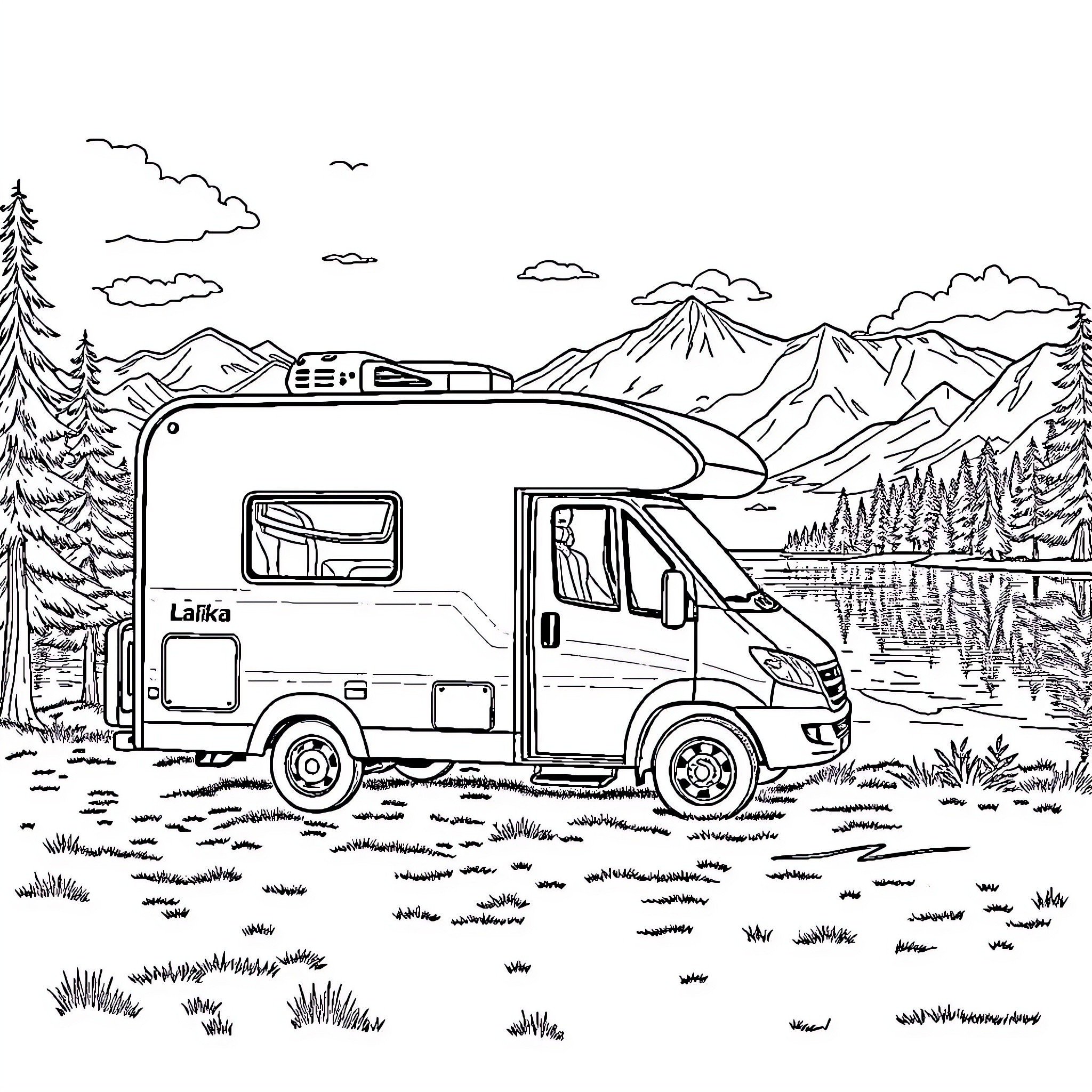 Camper van on a scenic mountain road Coloring Page (free black-and-white line drawing printable PDF for all, from beginners to advanced learners, including children, teens, adults, and seniors)