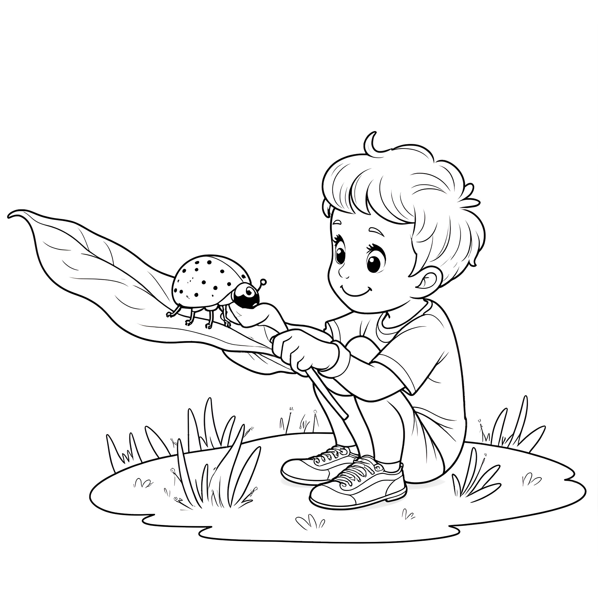 Ladybug discovered by a curious boy Coloring Page (free black-and-white line drawing printable PDF for all, from beginners to advanced learners, including children, teens, adults, and seniors)