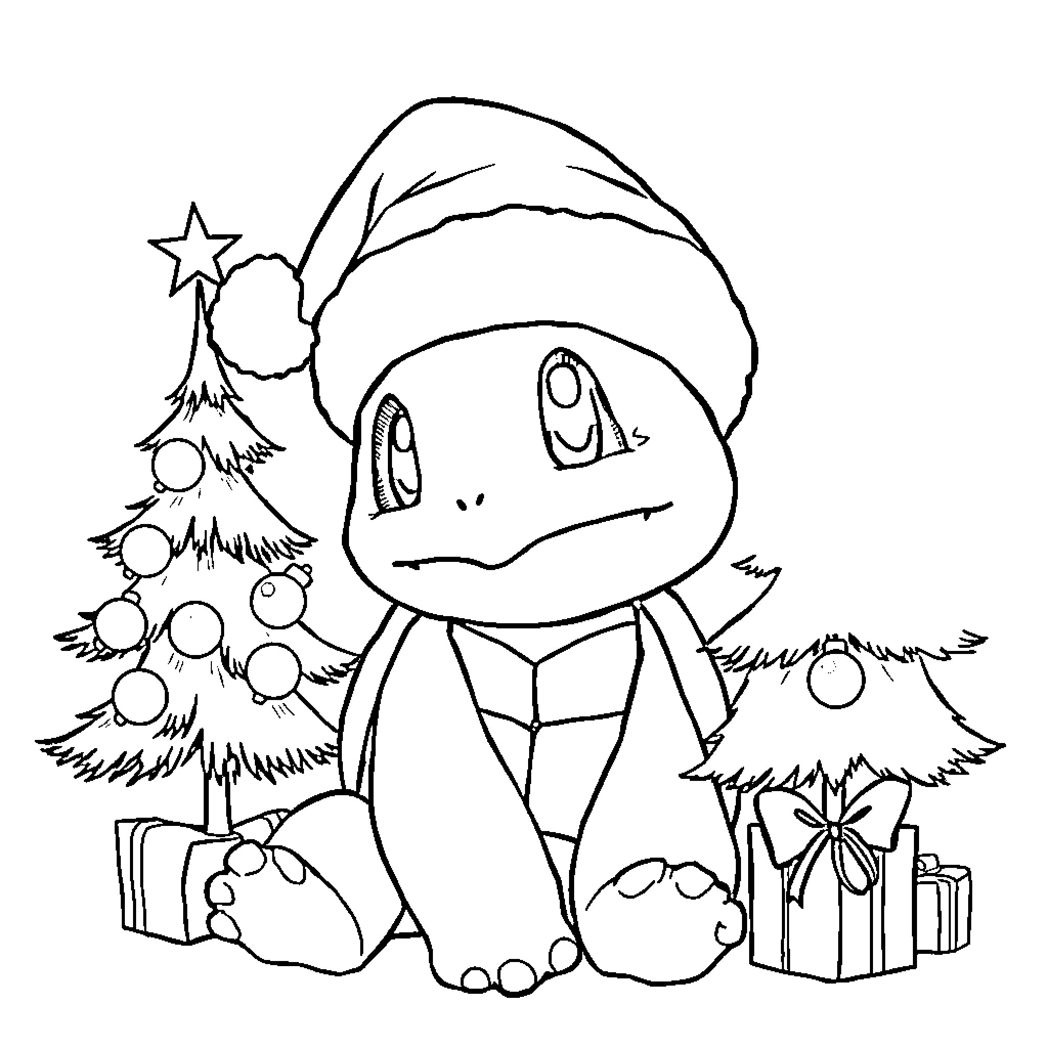 Squirtle enjoying Christmas with tree and gifts Coloring Page (free black-and-white line drawing printable PDF for all, from beginners to advanced learners, including children, teens, adults, and seniors)